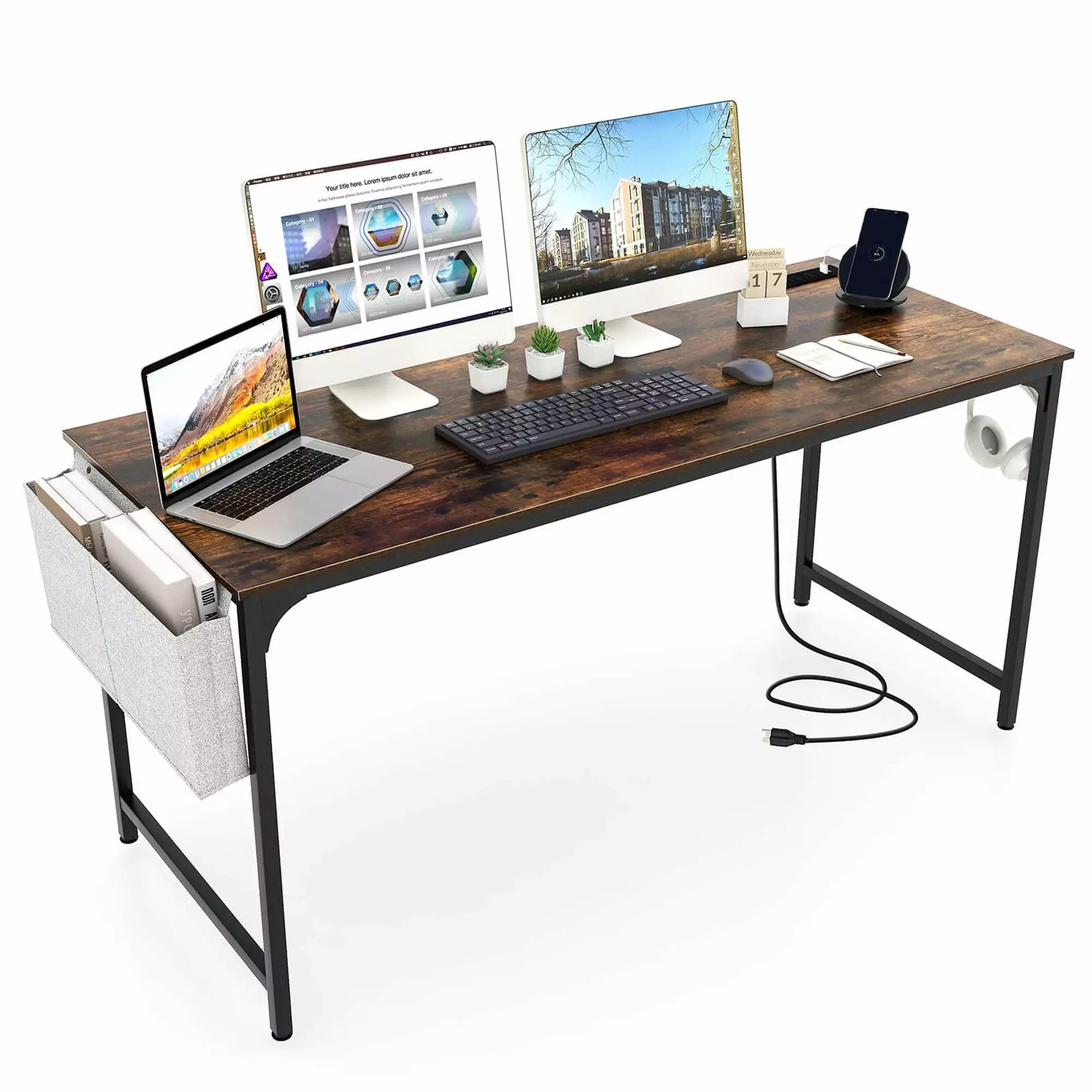 Costway 60 Modern Computer Desk Charging Station Storage Bag Headphone Hook Brown