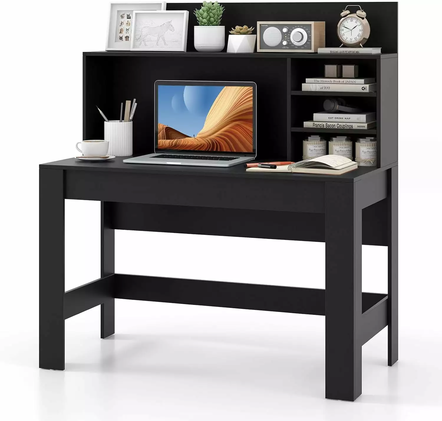DEYUDE Black Computer Desk Hutch Home Office Desk Bookshelf and Cable Hole