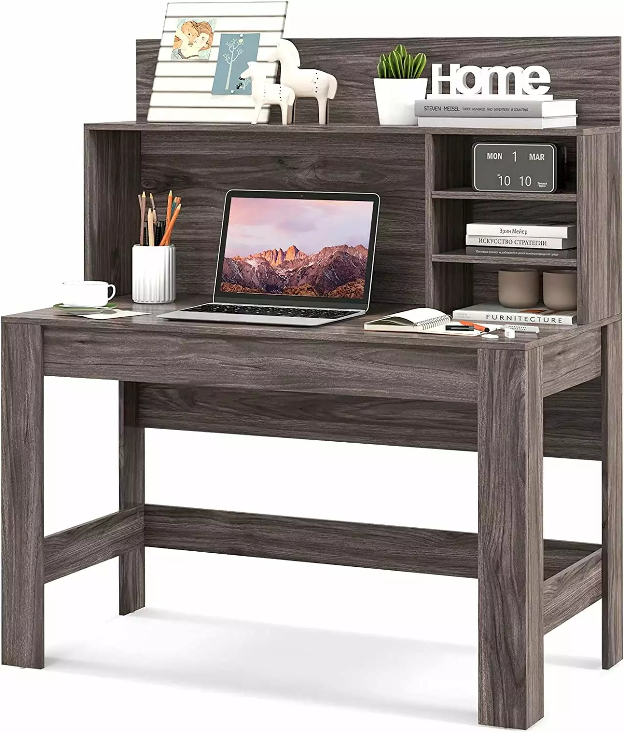 DEYUDE Computer Desk Hutch Bookshelf Writing Study Desk Anti-Toppling Device Cable Hole Modern Workstation PC Laptop Desk
