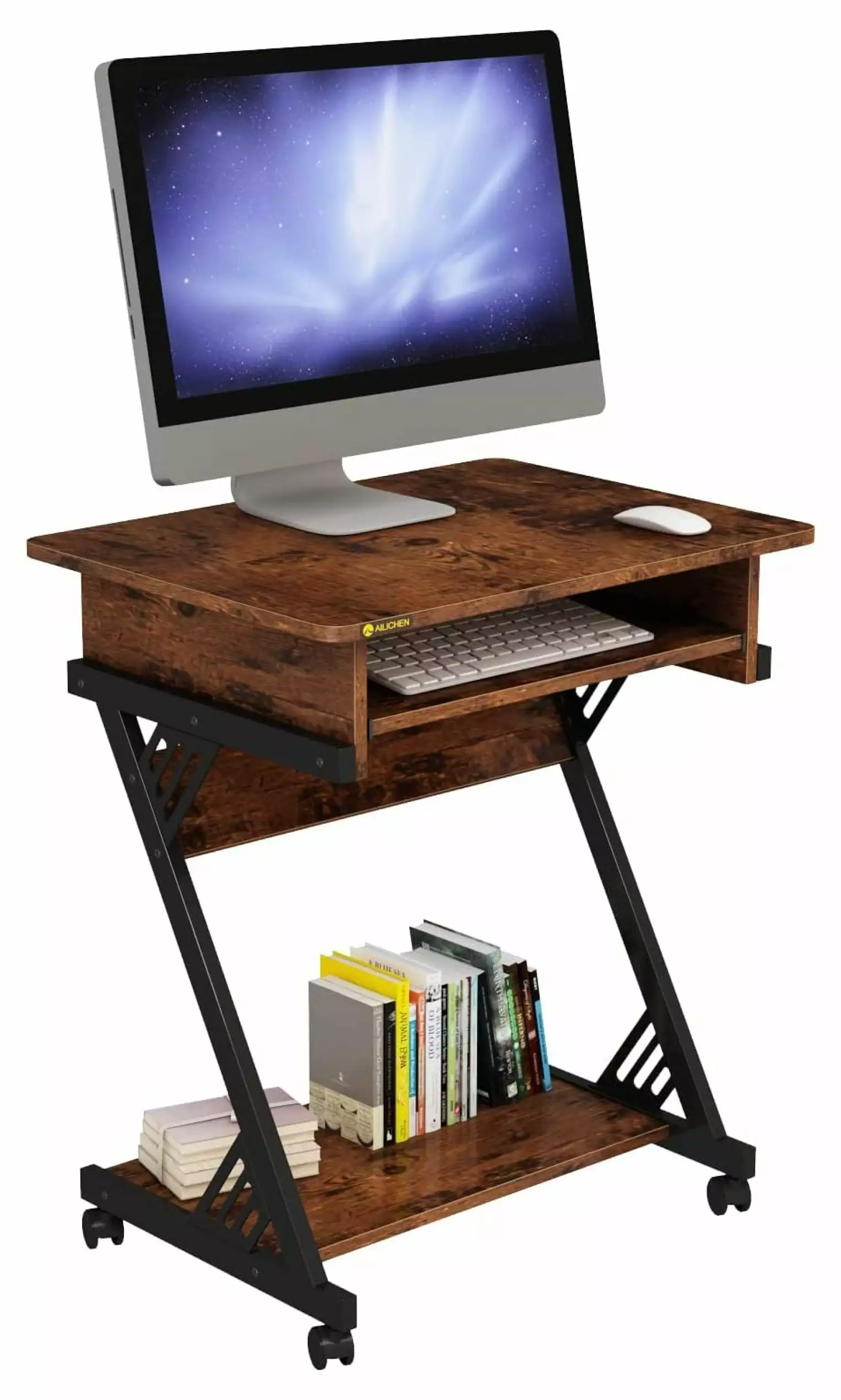 Drevy 23.6-Inch Z-Shaped Computer Desk Small Spaces - Compact Study Table Keyboard Tray and Wheels
