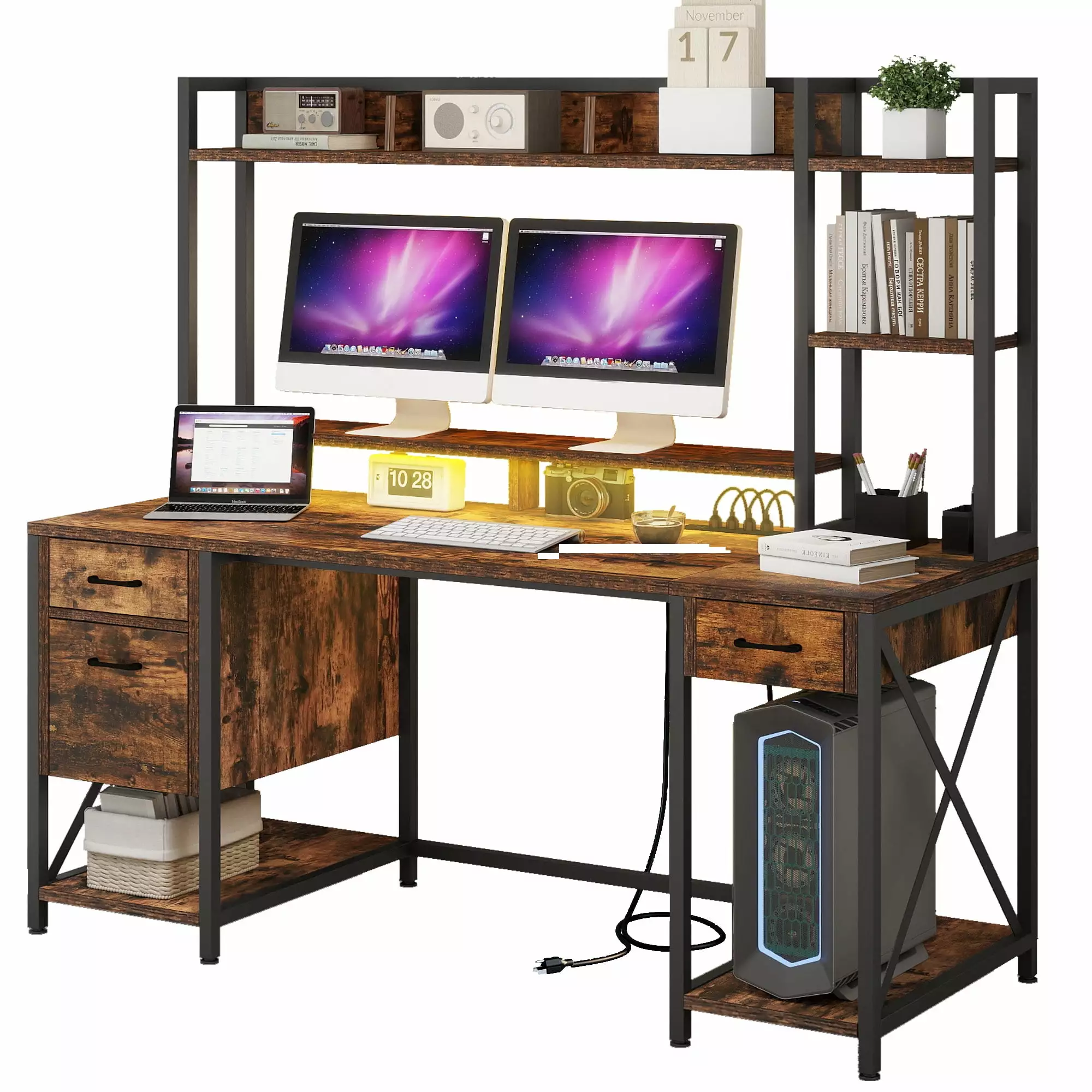 DWVO 59.1Computer Desk Power Outlets & Hutch. Office Desk Storage Shelves & Drawers Lock. Gaming Desk LED Lights & Monitor...