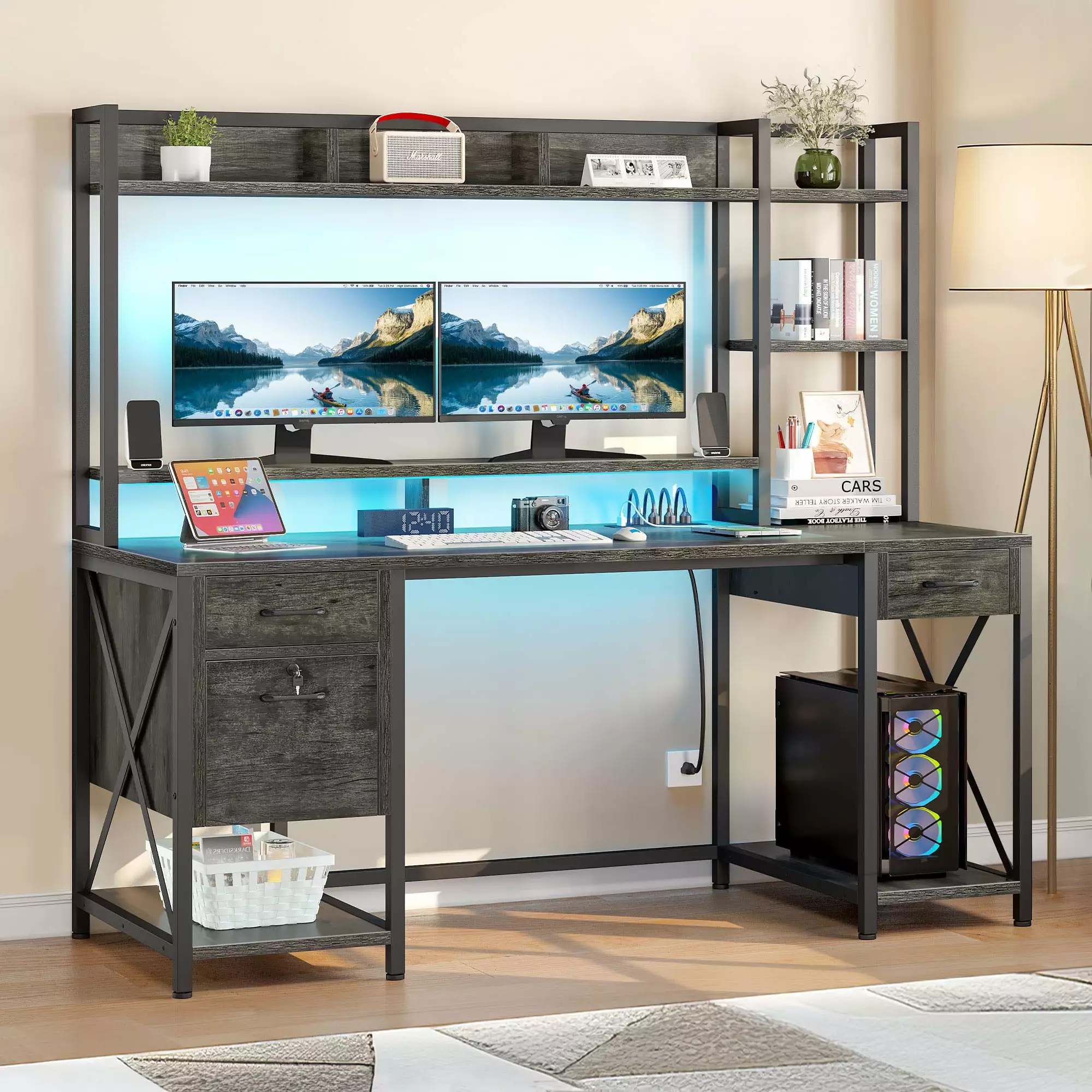 DWVO 59.1Computer Desk Power Outlets & Hutch. Office Desk Storage Shelves & Drawers Lock. Gaming Desk LED Lights & Monitor...