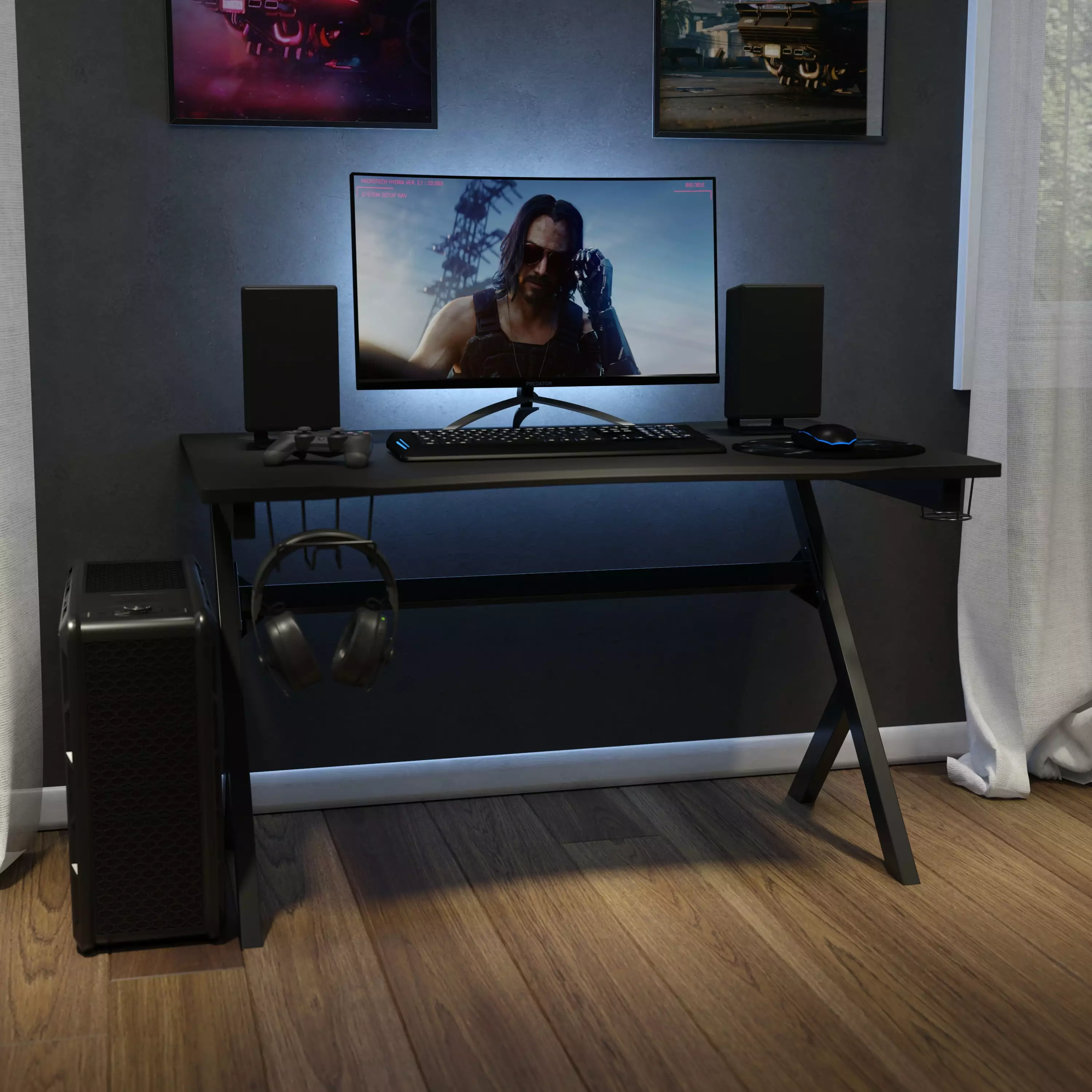 Emma + Oliver Black Computer Table Gaming Desk Headphone Holder and Cable Management