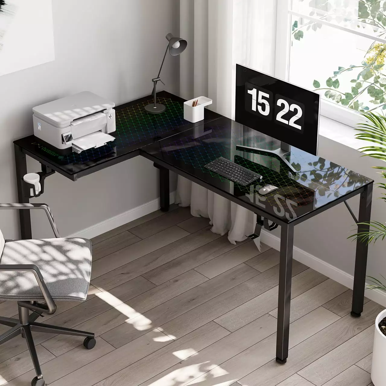 Eureka Ergonomic L Shaped Glass Desk Music Sensing RGB LED Lights 60 Inch Home Office Corner Computer Studio Table