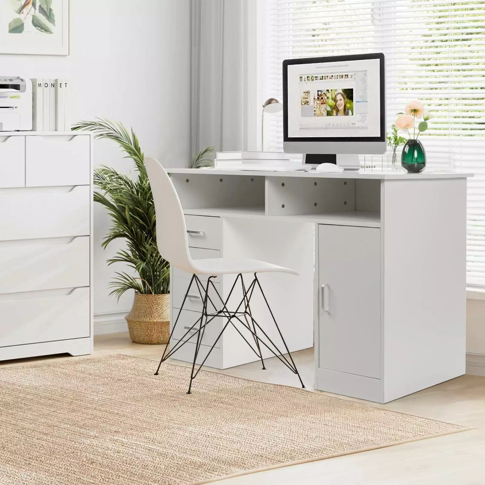 GoDecor Computer Desk 4 Drawers PC Gaming Desk Student Writing Study Table Modern Simple Home Office Workstation White FCH