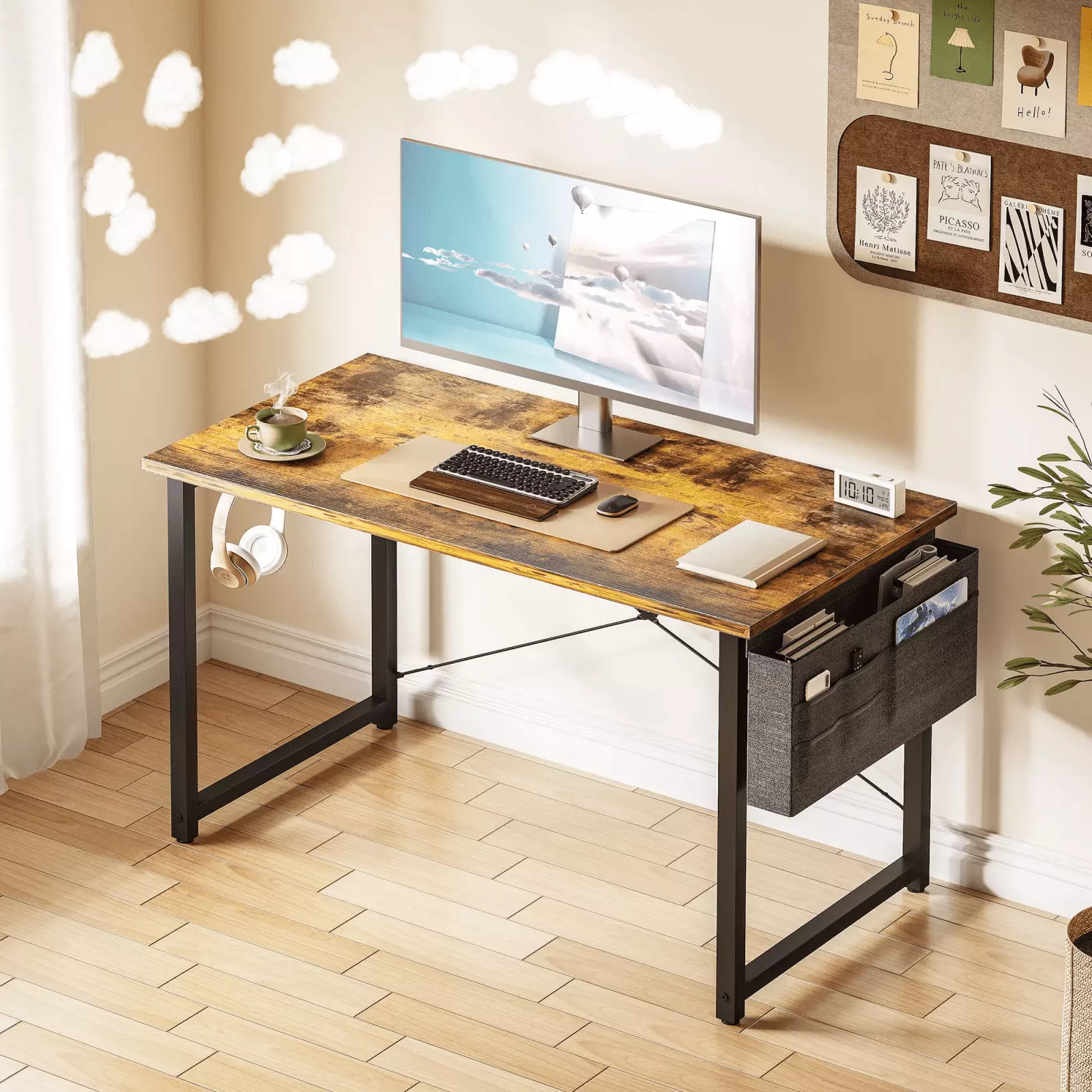 Retro Style 40 Inch Computer Desk Storage Bag and Headphone Hook Sturdy and Durable Writing Desk FHWM2