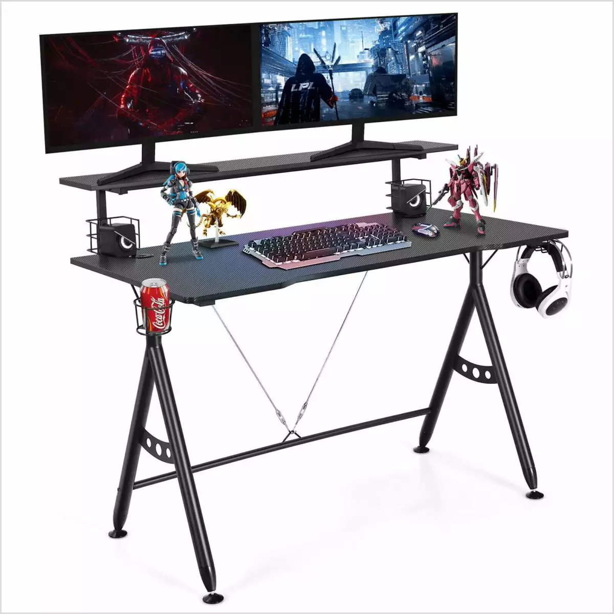 Gaming Desk Home Office Computer Table Monitor Shelf and Cup Holder E-Sports Workstation Fivgace