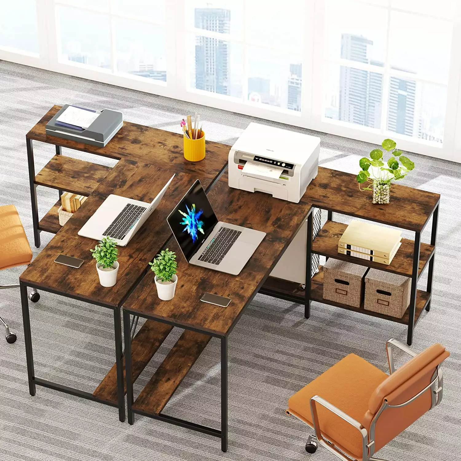 L Shaped Desk Shelves Reversible Computer Gaming Desk Home Office Workstation Rustic Brown FYCTW