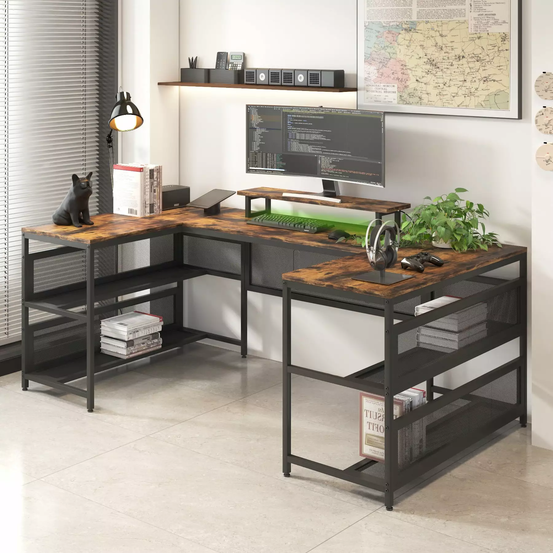 GeeHome U-shaped Desk Shelves and LED Lights Modern Office