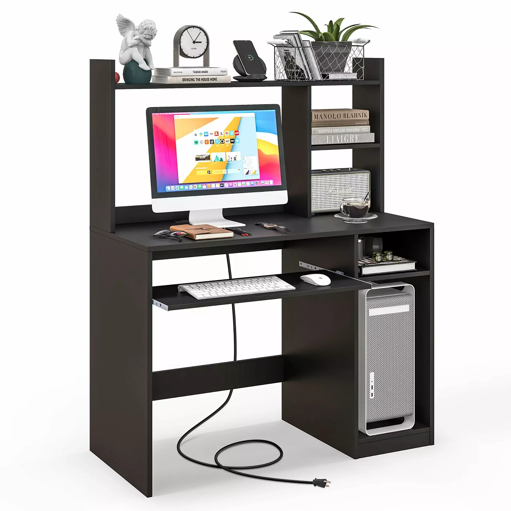 Gymax Computer Desk Charging Station 43.5 Inch Gaming Table Workstation Keyboard Tray Home Office Desk