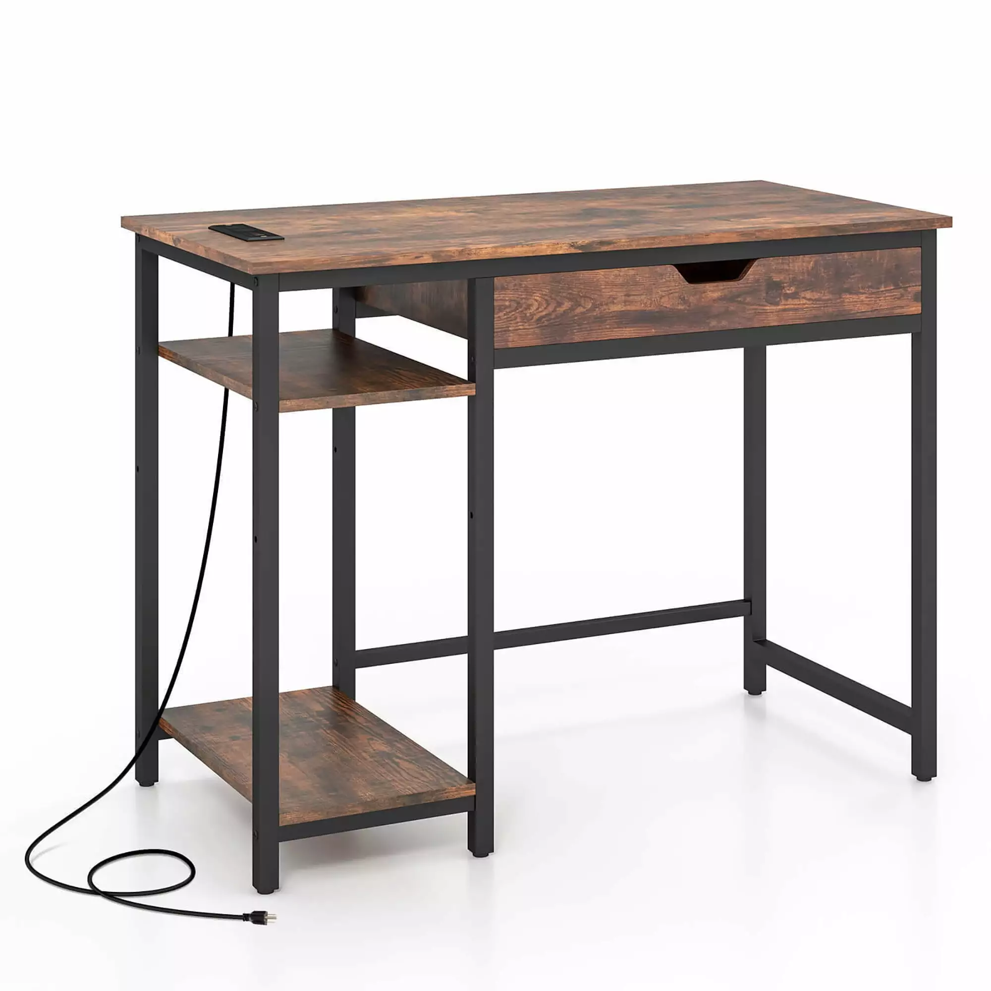 Gymax 40 Inch Computer Desk Charging Station Drawer Adjustable Shelf and Headphone Hooks
