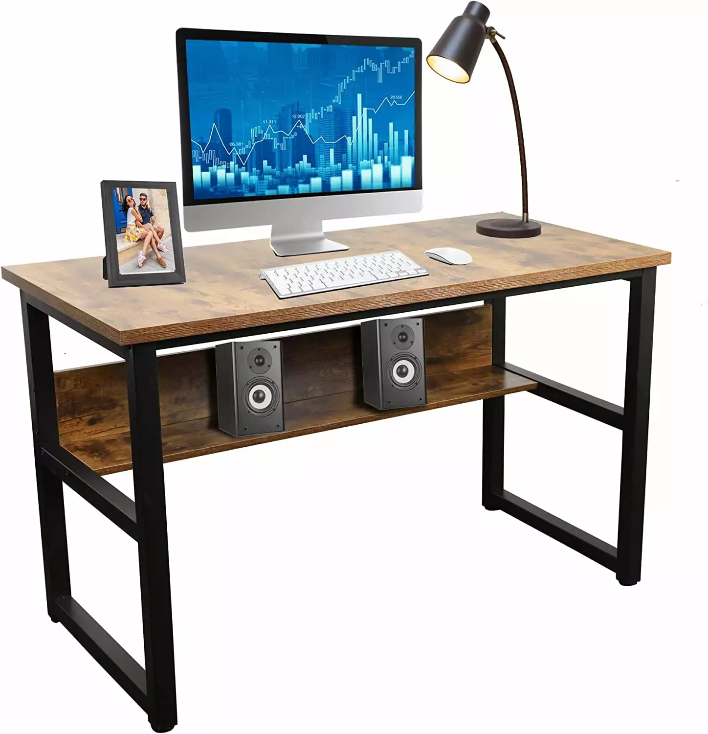 Halter Computer Desk Storage Shelves Black Metal Frame 55 Inches Natural Wood Gaming Desk Home Office