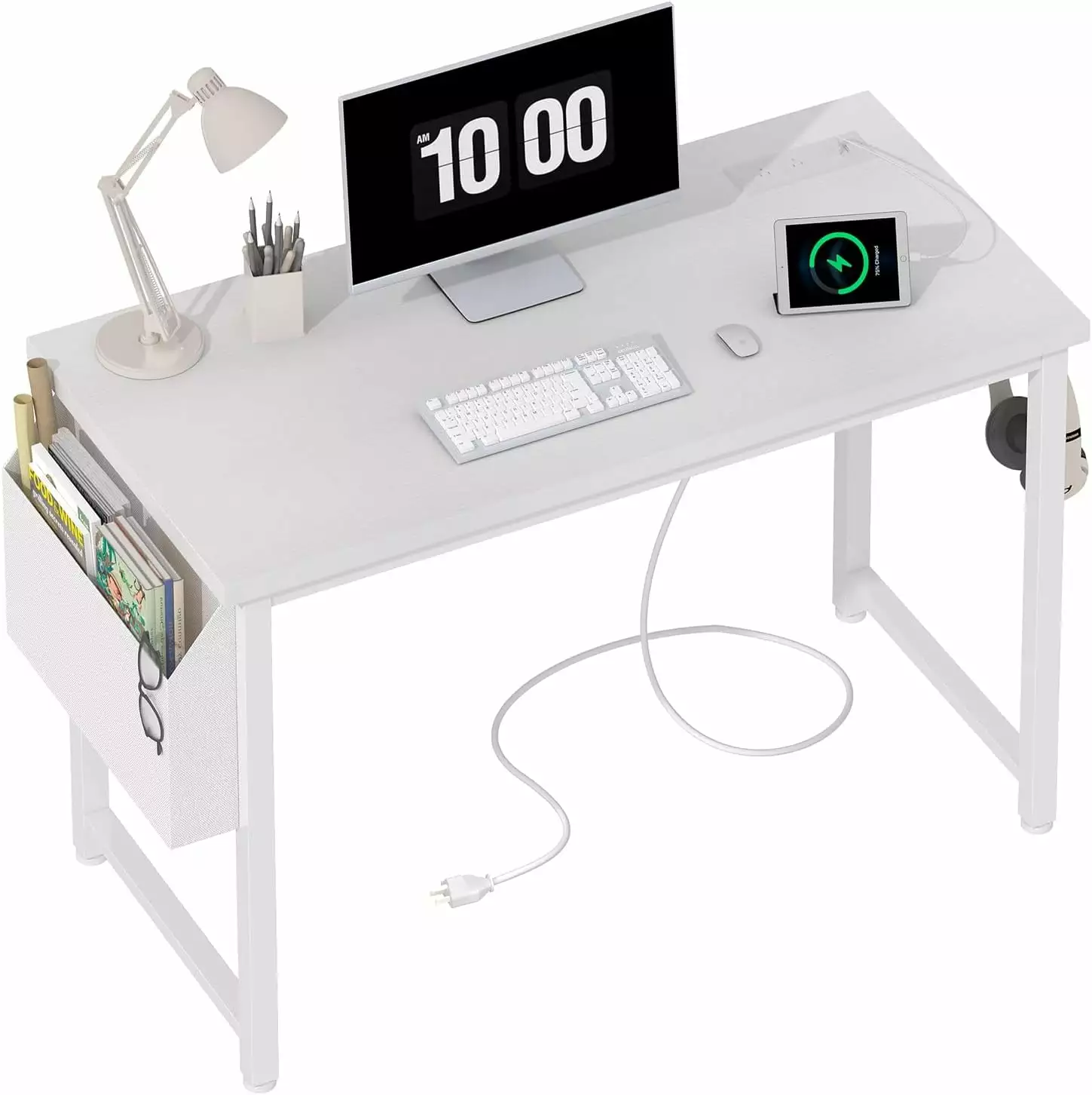 39 inch White Computer Desk Power Outlet 40 inch Teen Study Table Home Office Work Writing Desks Charging Station kk