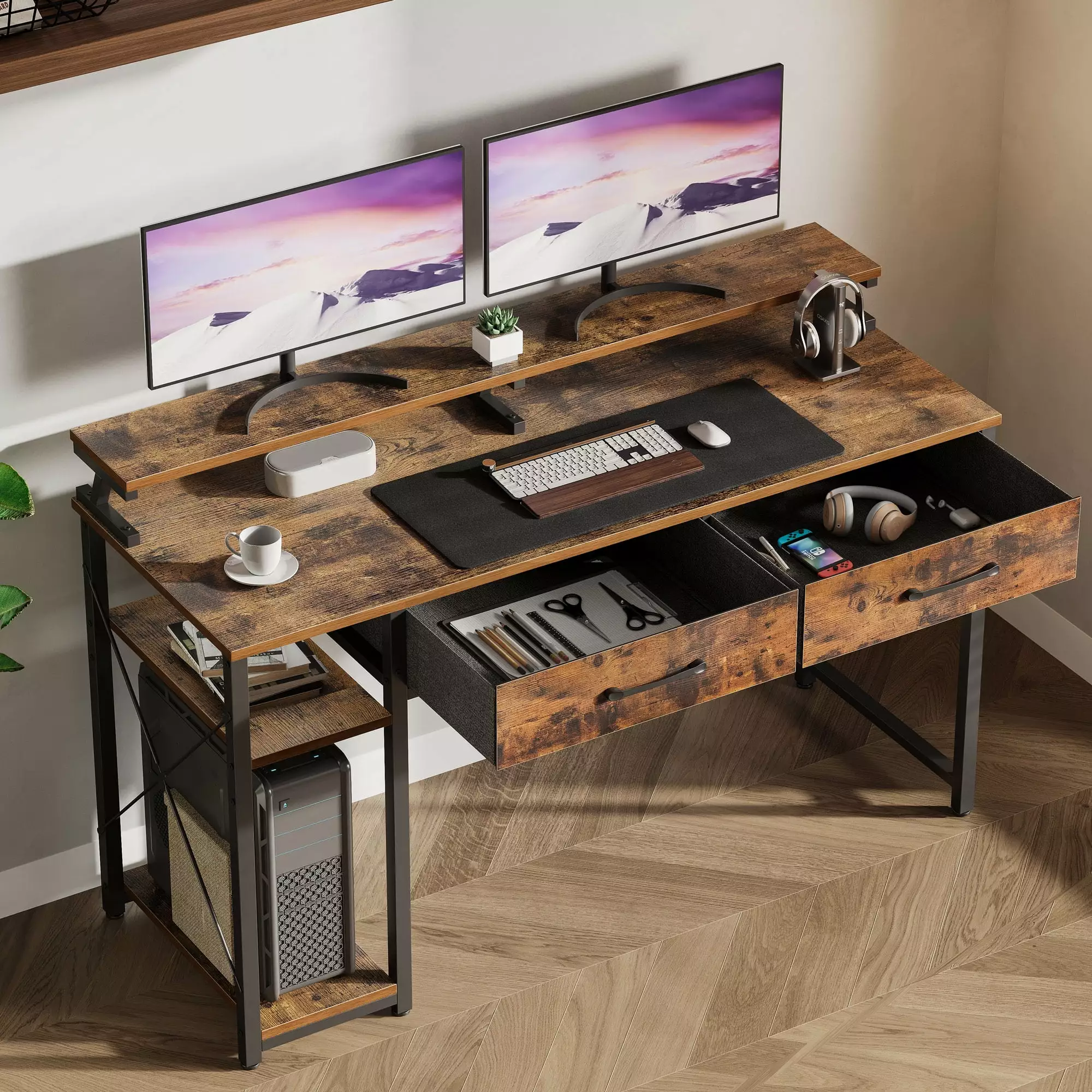 Computer Desk Drawers and Storage Shelves 48 Inch Home Office Desk Monitor Stand KKL