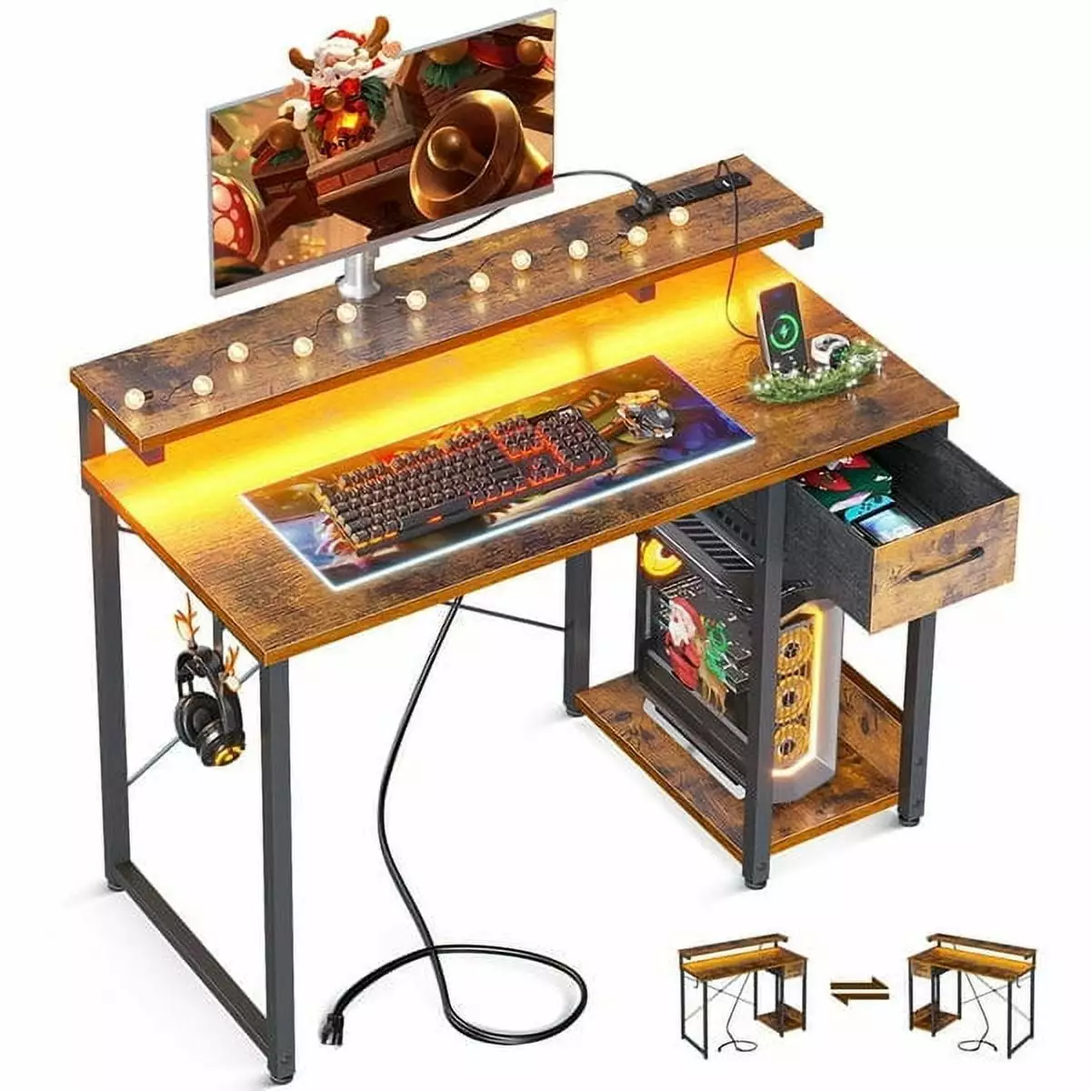 40 Inch Computer Desk Drawers Power Outlets Study Writing Desk Monitor Stand Small Space Modern Simple Style Laptop Desk B...