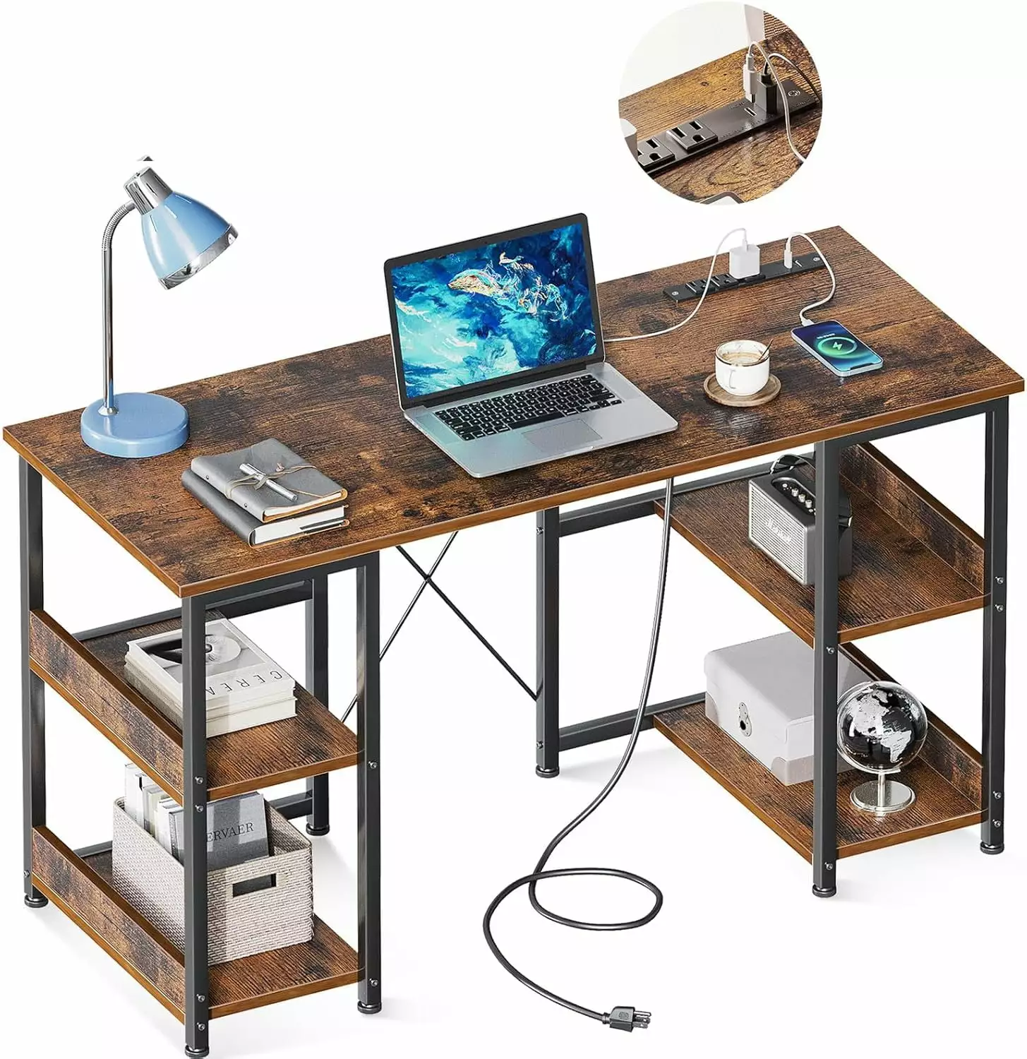 40 Inch Small Computer Desk Power Outlets USB Charging Port Storage Shelves Vintage Style LHY