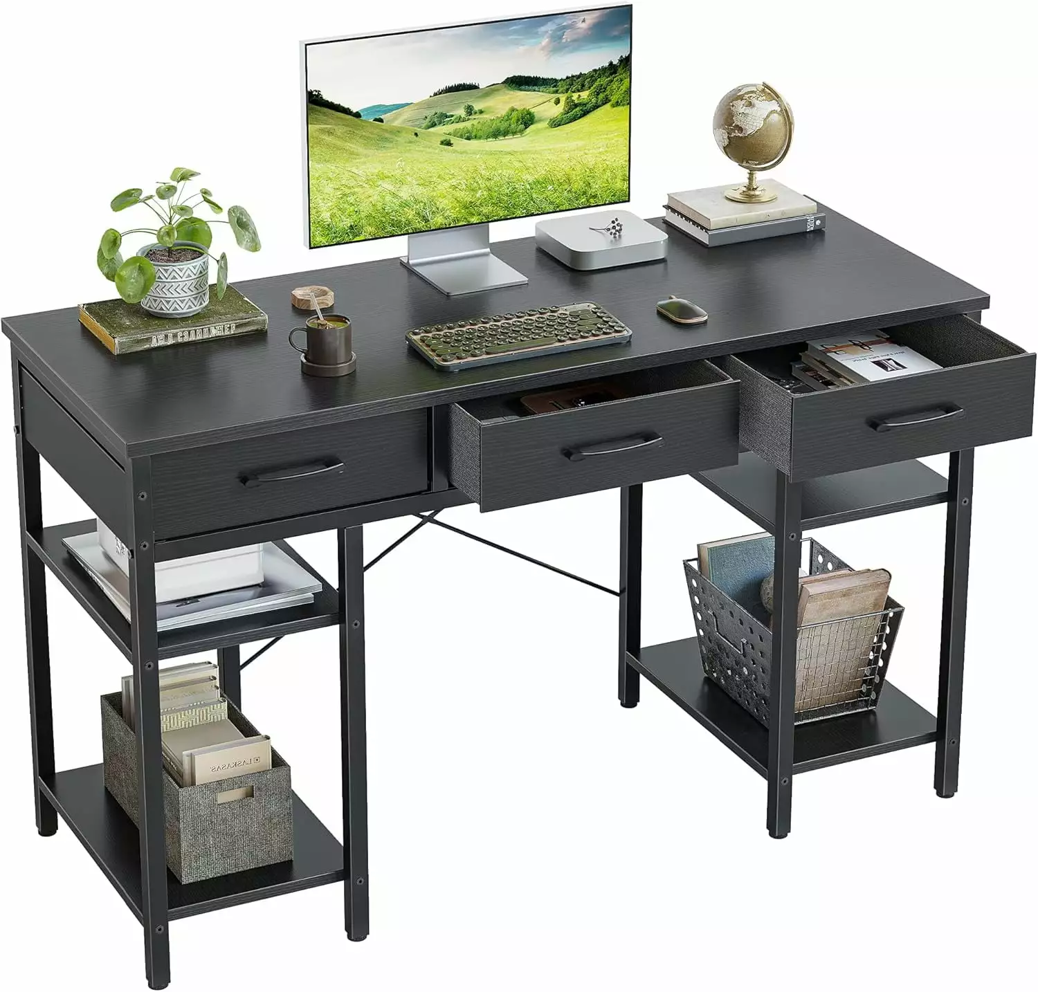 47 Inch Small Home Office Desk 3 Drawers and Storage Shelves Simple Study Writing Table Bedroom Black LHY