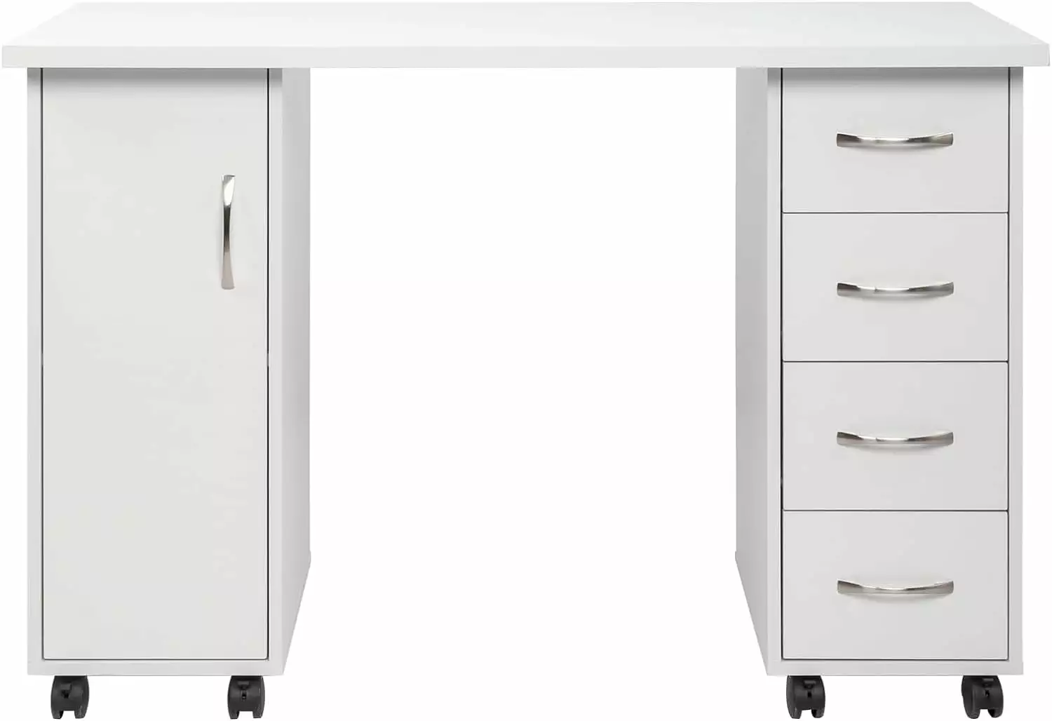 43.3 Inch Computer Desk 4 Drawers 1 Door Storage Shelf Wood Writing Home Office Workstation Wheels White LIUNU
