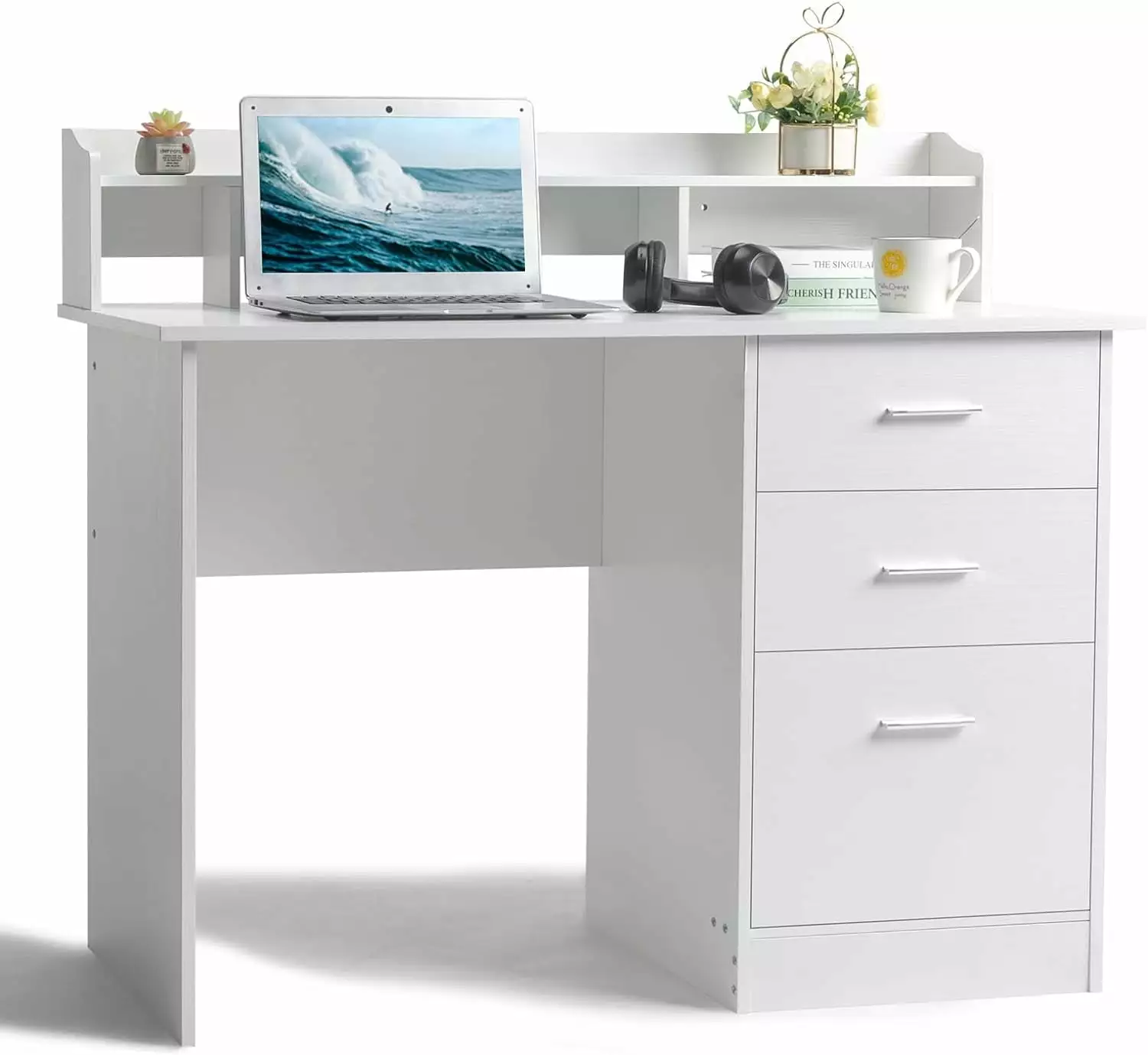 White Computer Desk Drawers and Hutch - Modern Home Office Desk Kids and Teens LIUNU