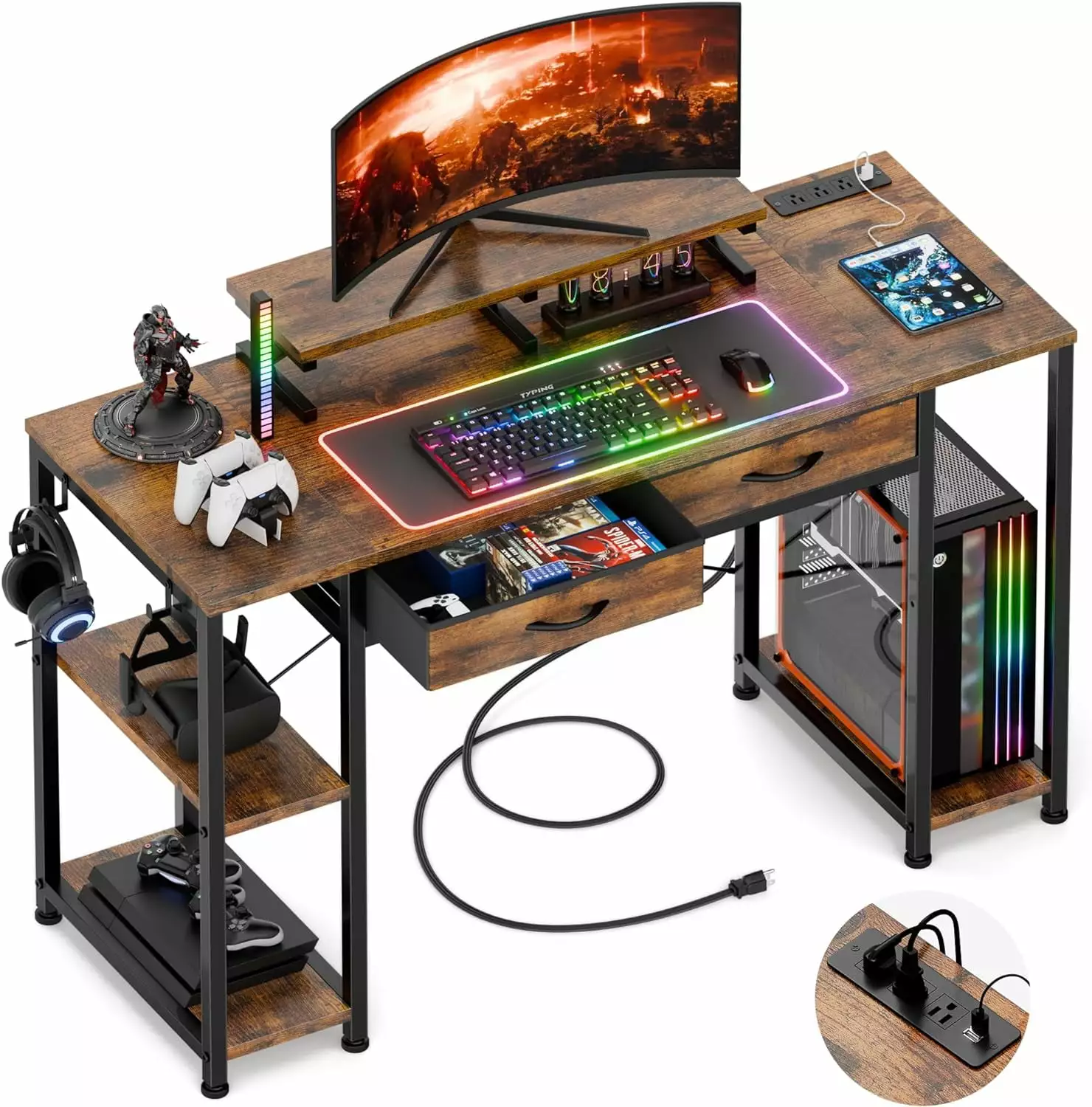 47 Inch Computer Desk Drawers Home Office Desk Storage Shelves Bedroom Desk Power Strip Rustic Brown Wooden Desk LJT