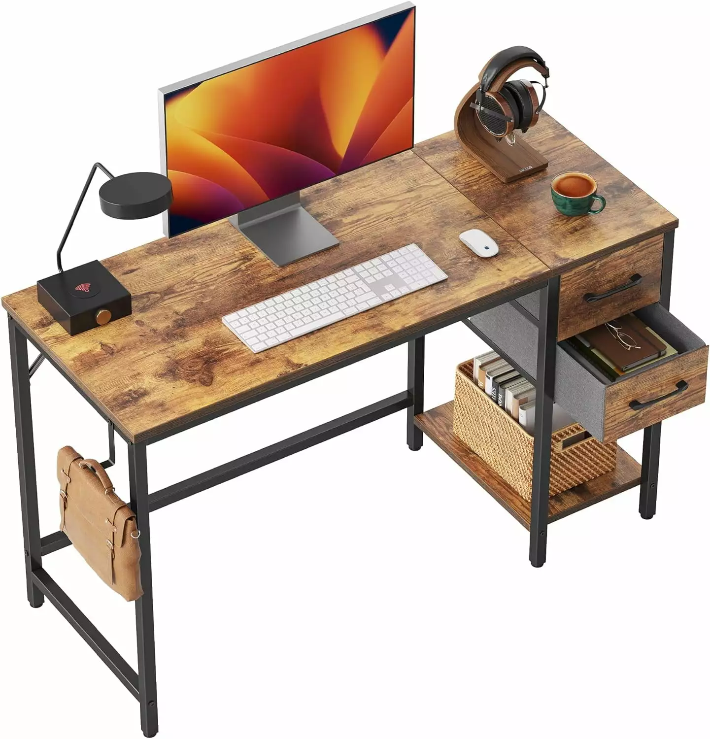 40 Inch Computer Home Office Desk 2 Drawers Small Desk Study Writing Table Modern Simple PC Desk Brown LJT