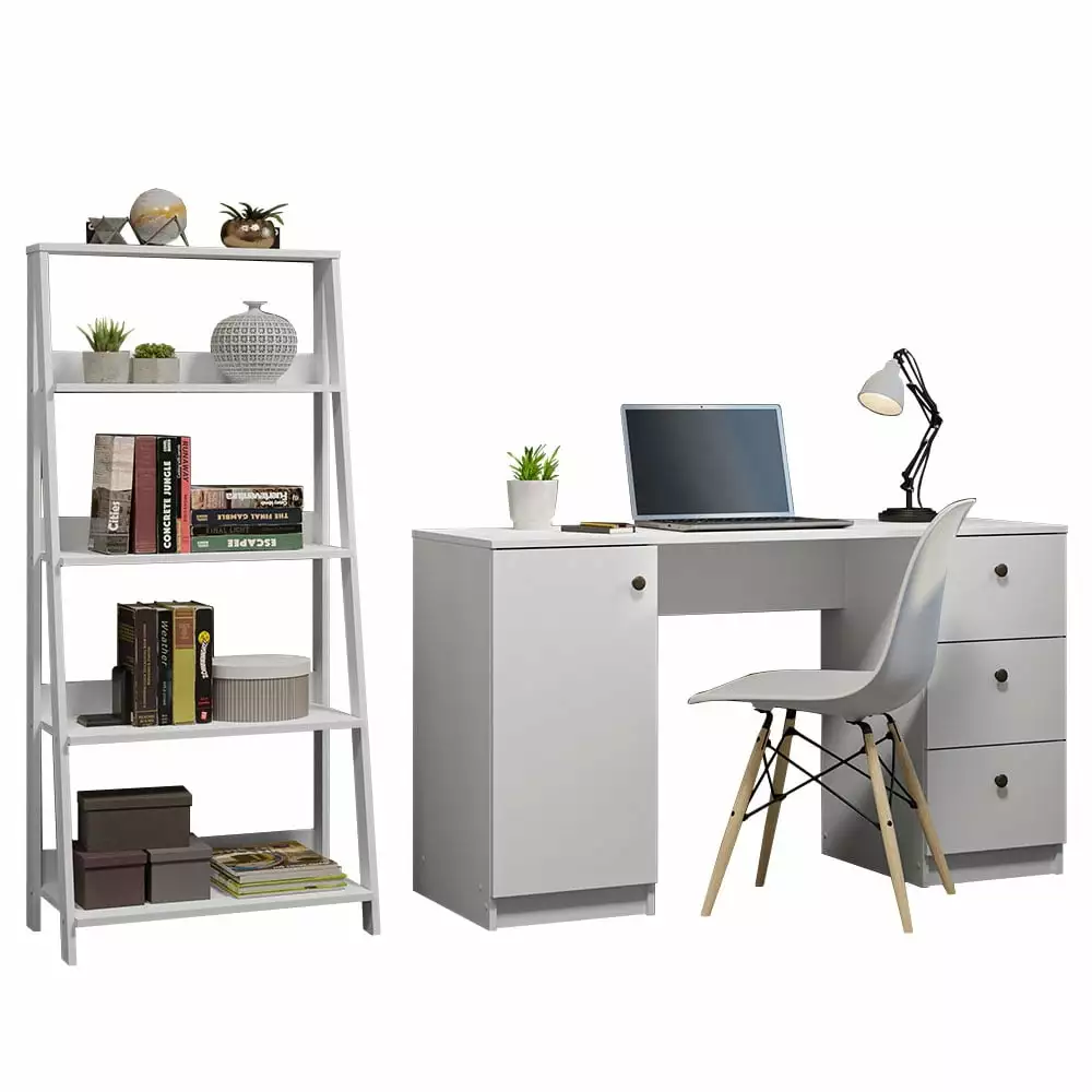 Madesa Desk Drawer 53 Inch and Ladder Shelf Standing Bookcase White