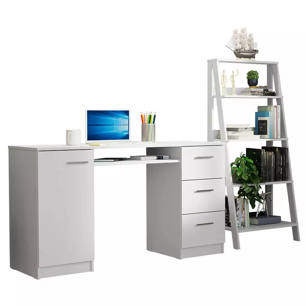 Madesa Home Office Desk 53 Inch Ladder Shelf Standing Bookcase White
