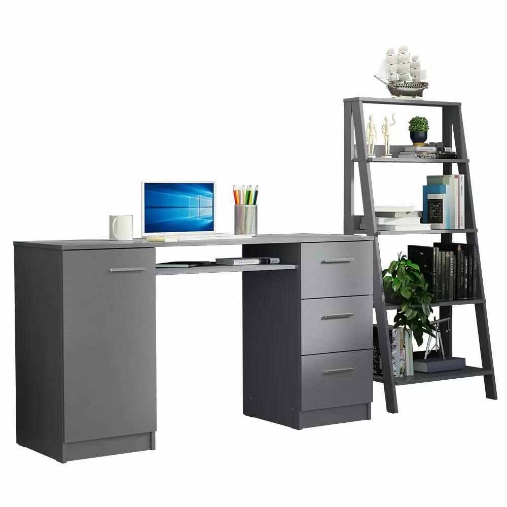 Madesa Home Office Desk 53 Inch Ladder Shelf Standing Bookcase Gray