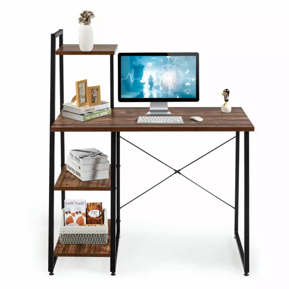 Resenkos Compact Computer Desk Workstation 4 Tier Shelves Home and Office Brown