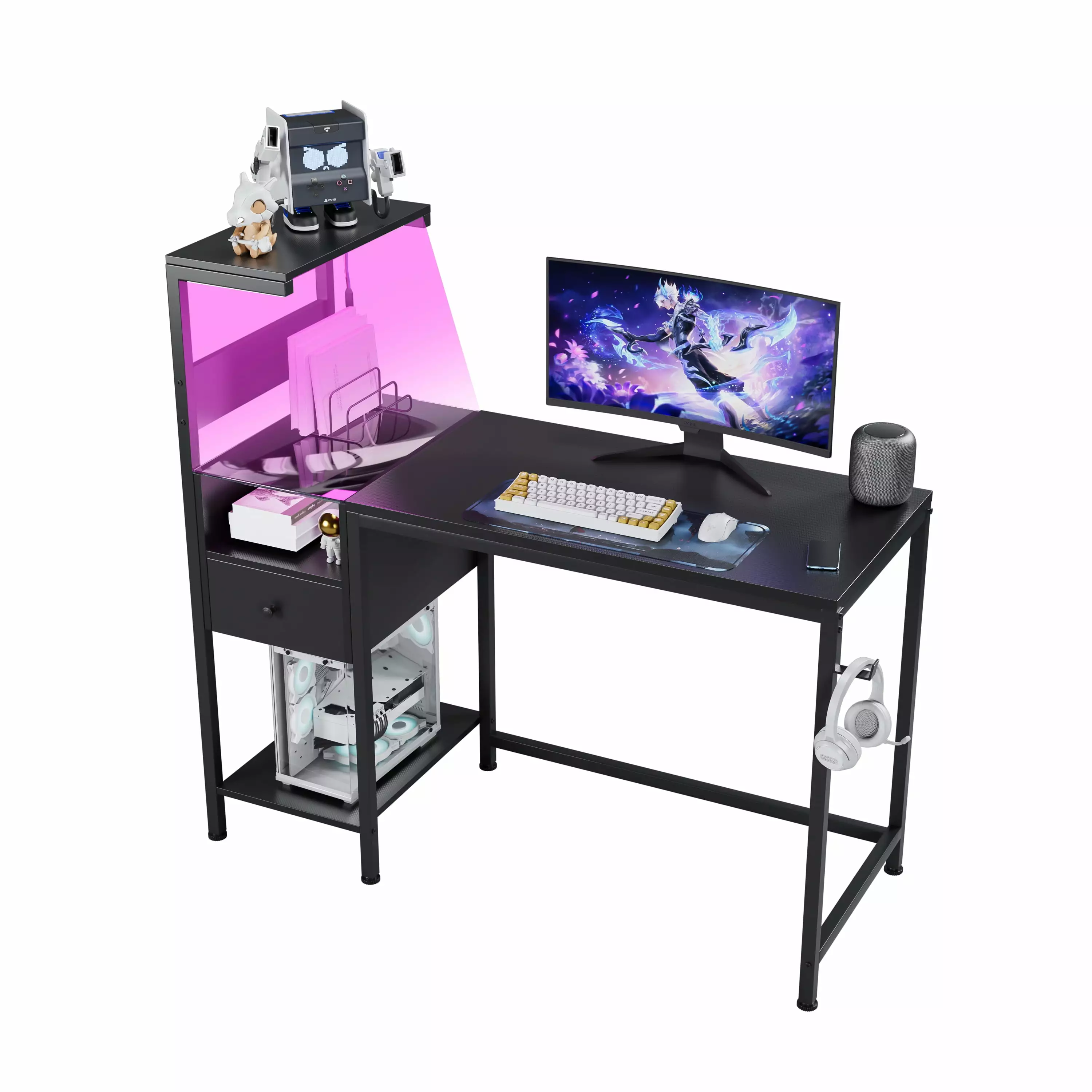 Black Computer Desk Power Outlet Storage Shelves USB Ports Charging Station Study Writing Table SMHZ