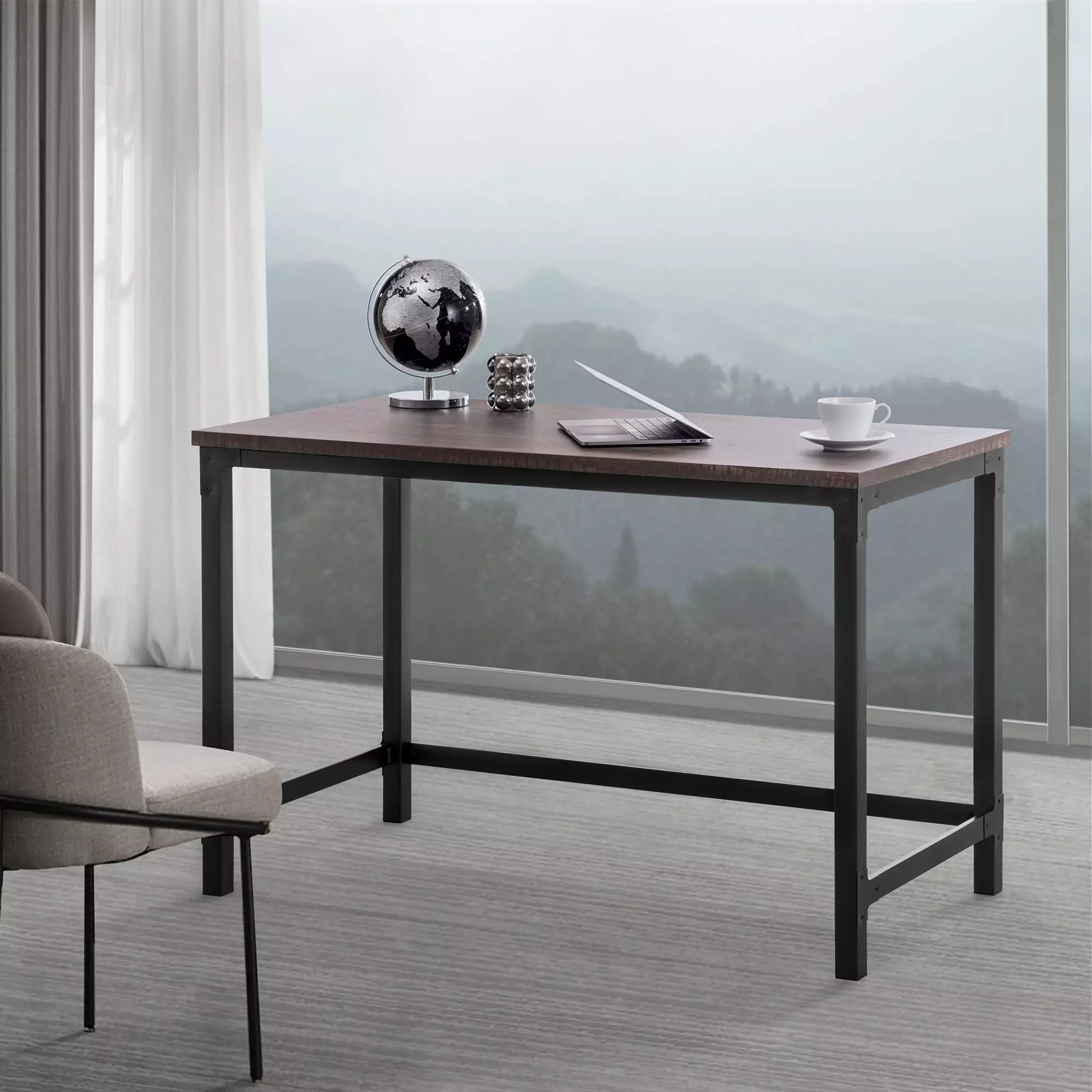 Sunjoy 48 Inch Industrial Computer Desk Wood Table Top and Black Steel Frame Home Office Sunjoy Group