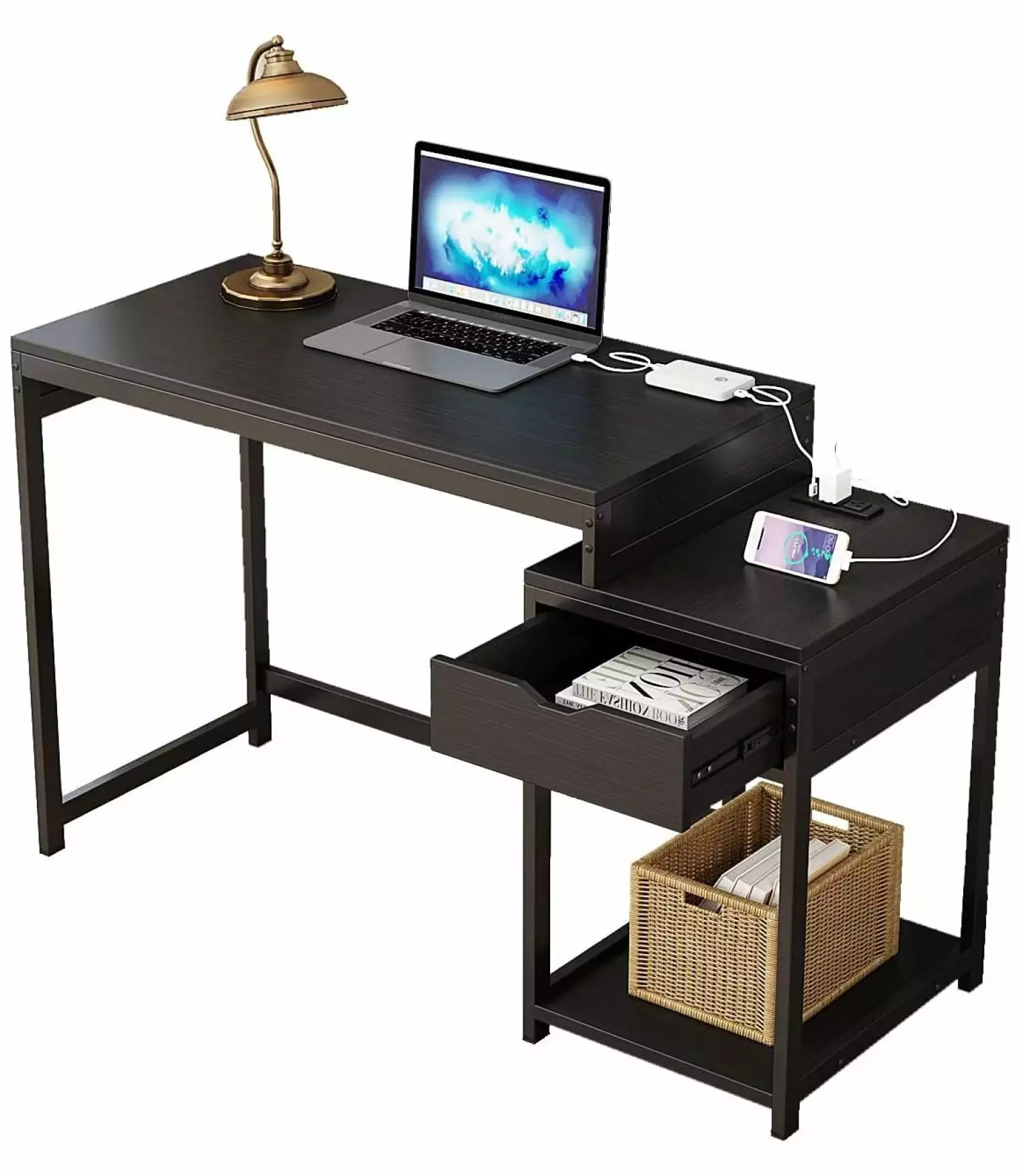 Superwum Computer Desk Power Outlet USB Charging Port 51 Inch Table Storage Shelves Drawer Printer Shelf Home Office Desk