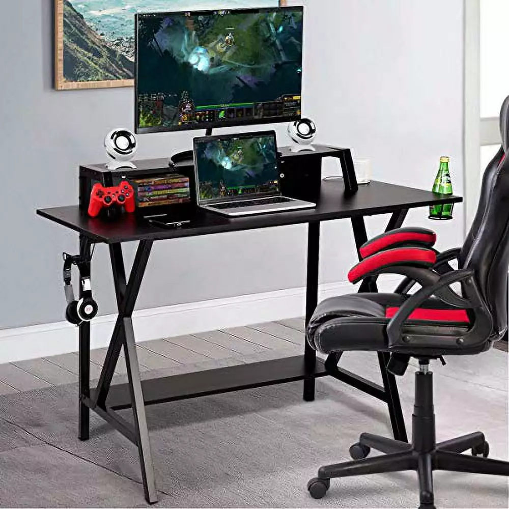 GOFLAME Gaming Computer Desk Large Workstation Cup Holder and Headphone Stand Black Study Writing Desk Home Office TeviRoom