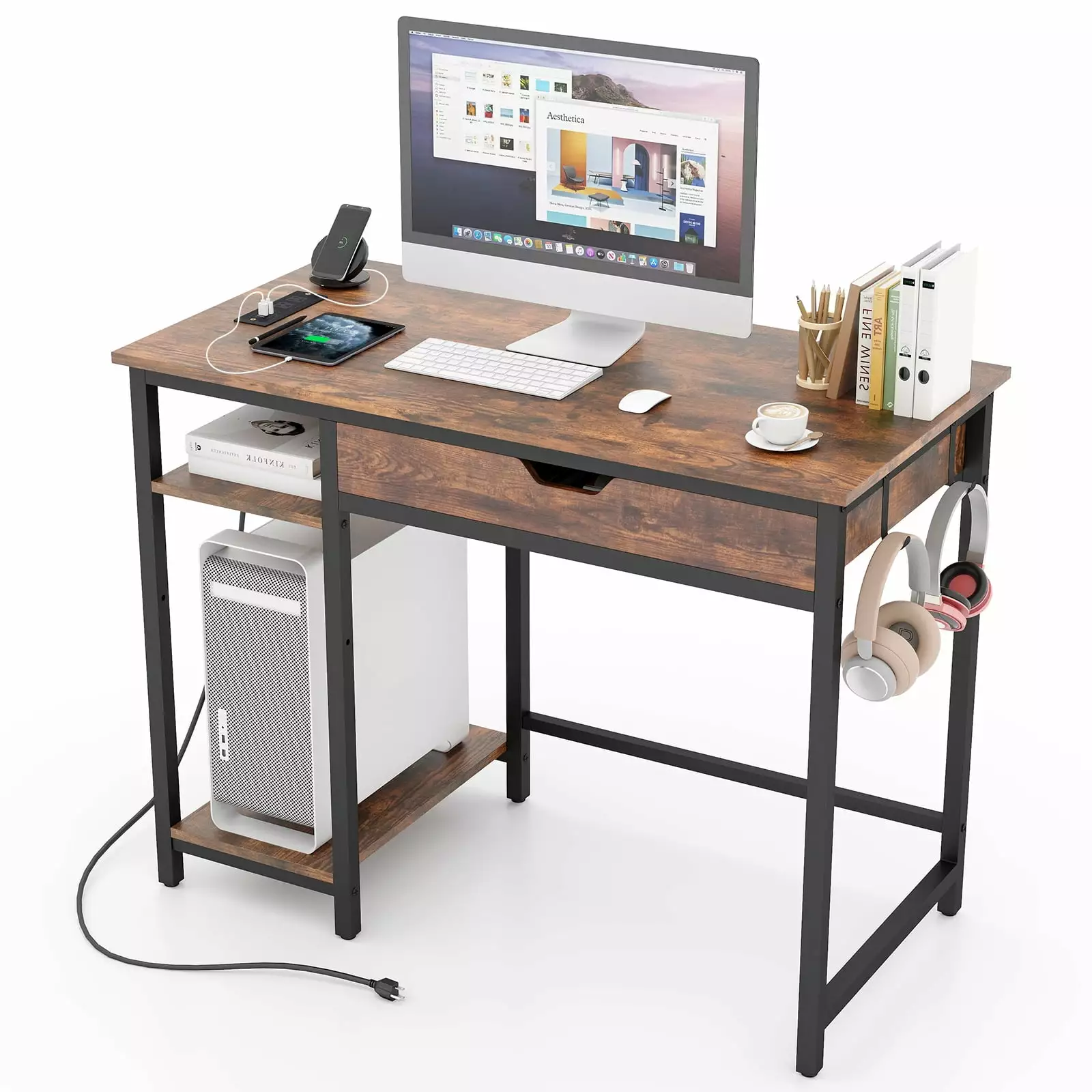 Topbuy 40 Inch Computer Desk Charging Station Drawer and Adjustable Shelf Headphone Hooks