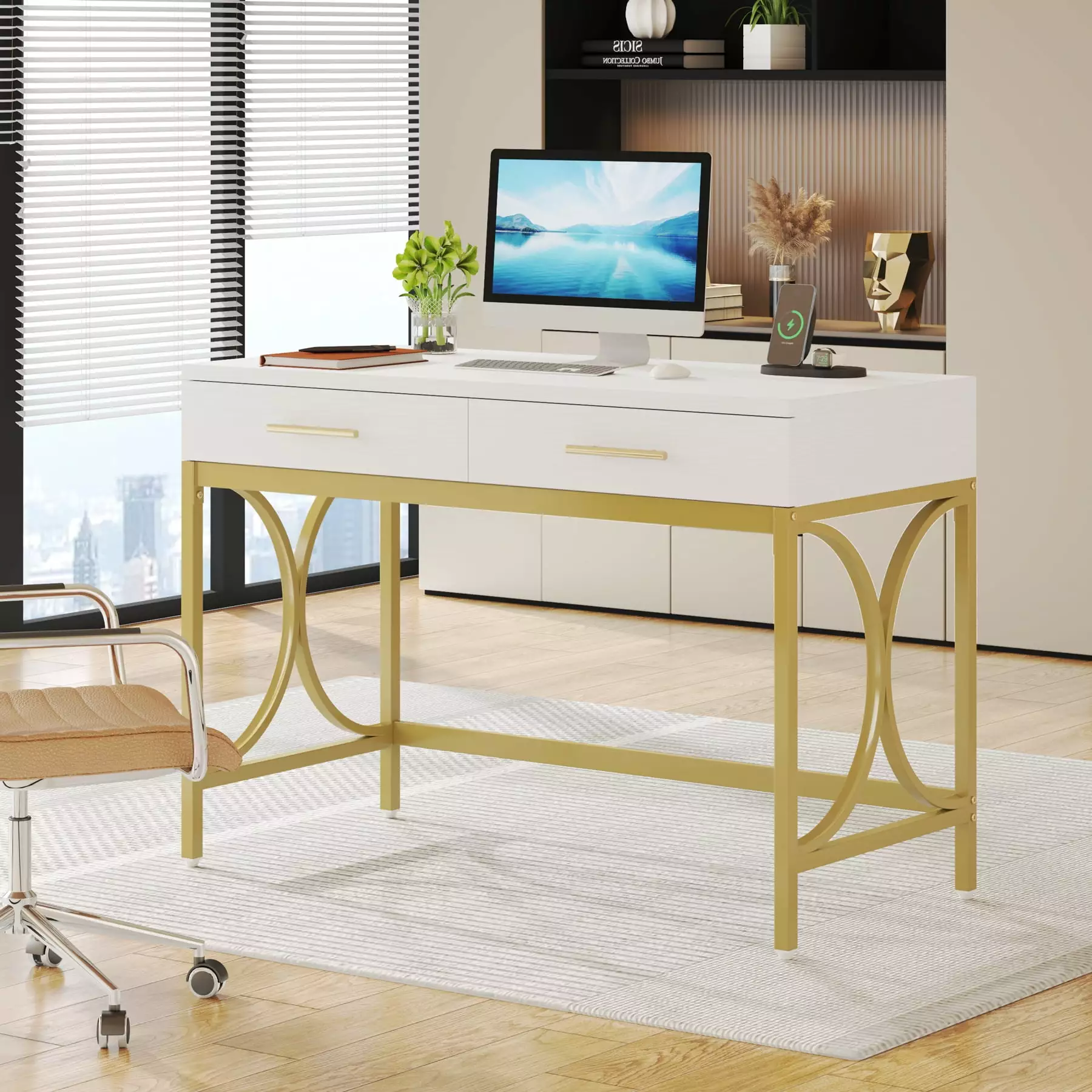 Tribesigns 41 Inch Computer Desk Two Drawers Modern Study Writing Desk Storage