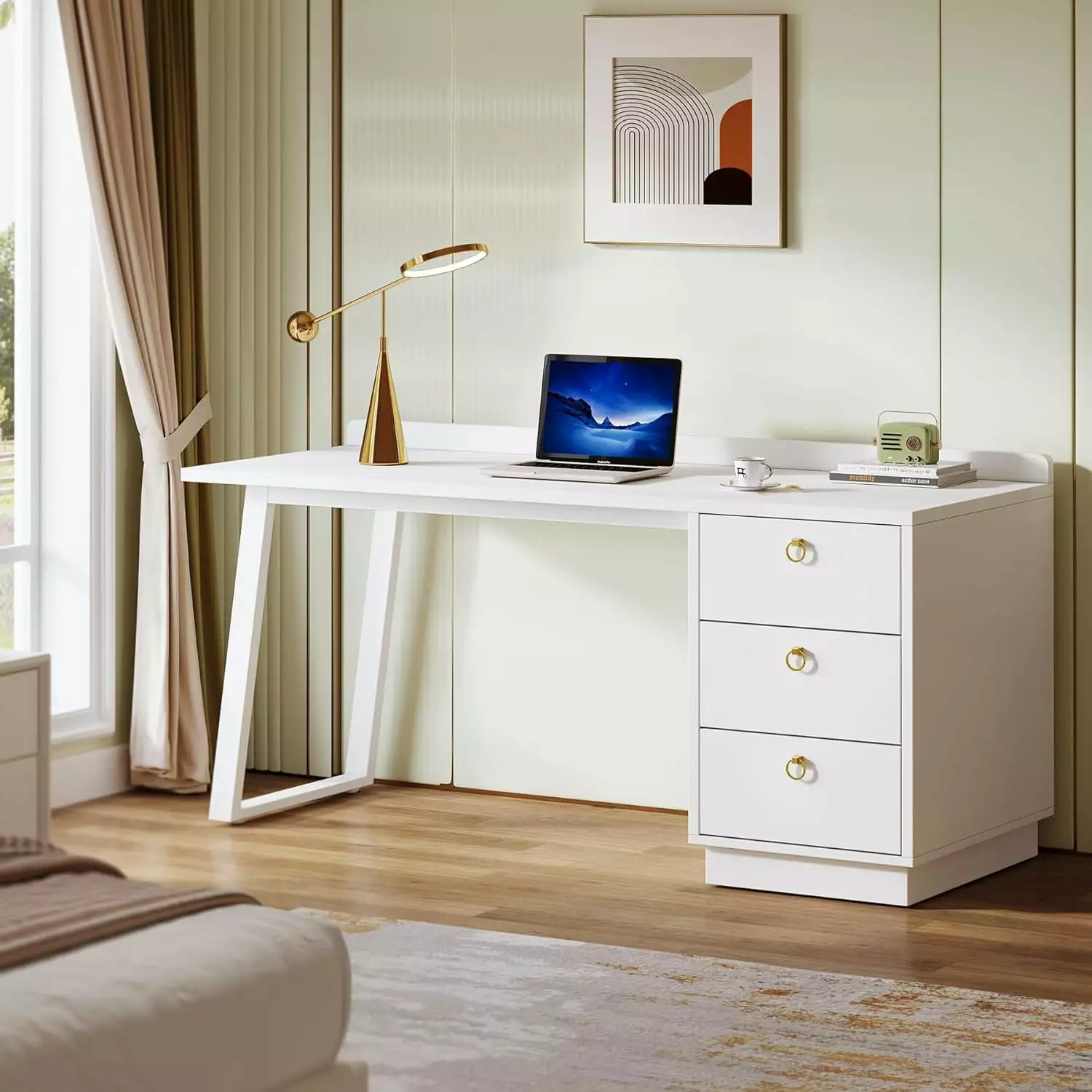 Tribesigns 55 Inch White Computer Desk Drawers Modern Home Office Desk