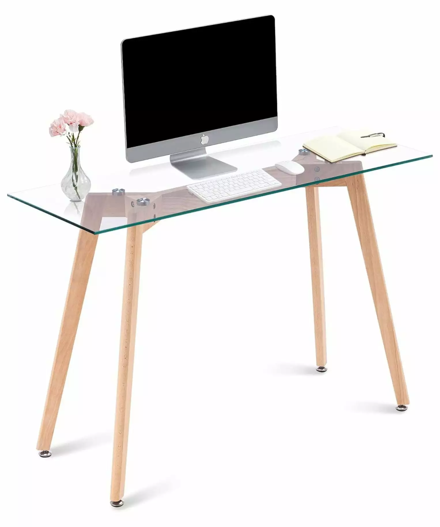 Tyslan 40-inch Home Office Desk Tempered Glass Top and Natural Wood Frame - Space Saving Computer Desk Easy Assembly