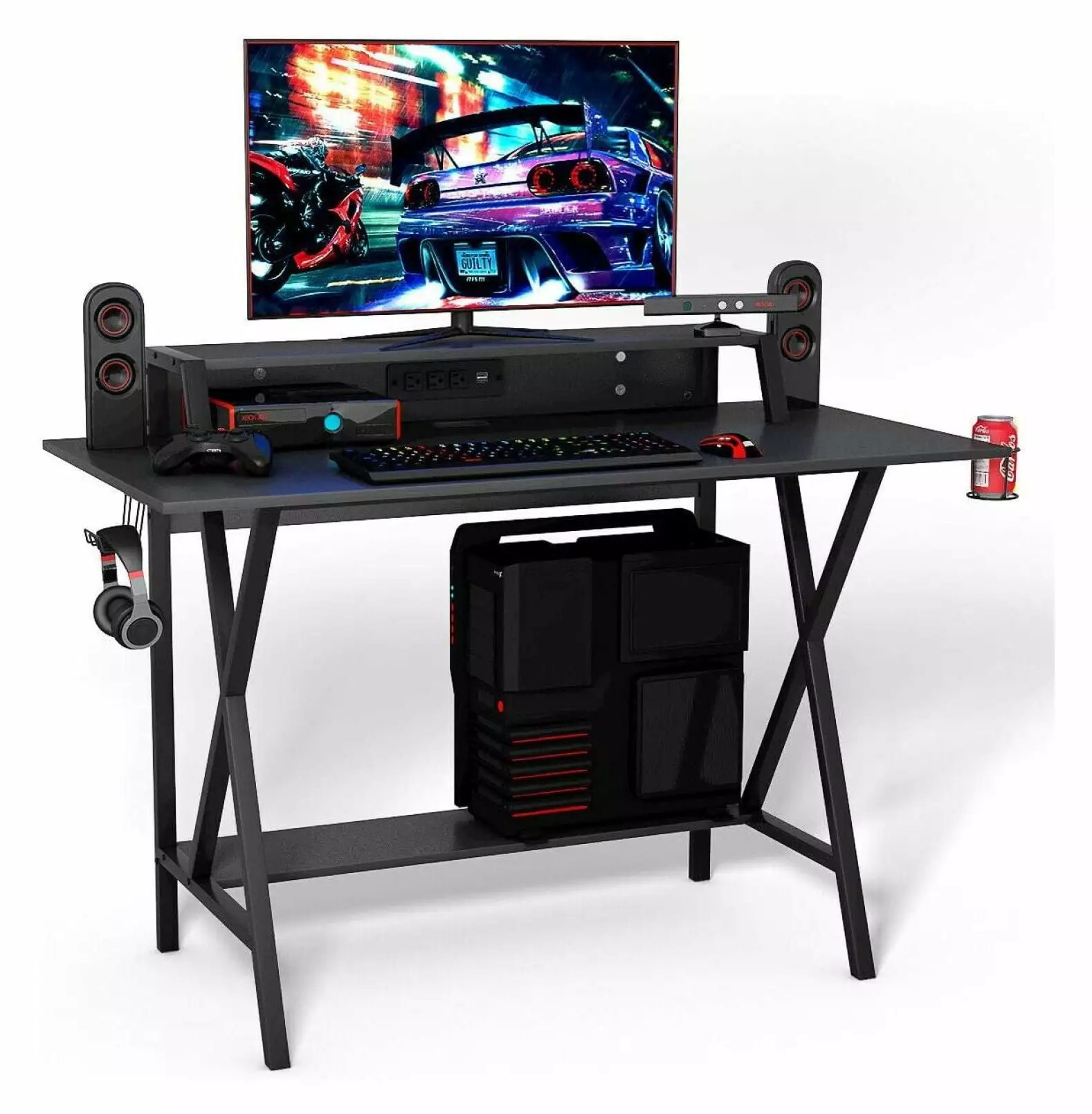 Wension Gaming Computer Desk Large Workstation Cup Holder and Headphone Stand Black Study Writing Desk Home Office