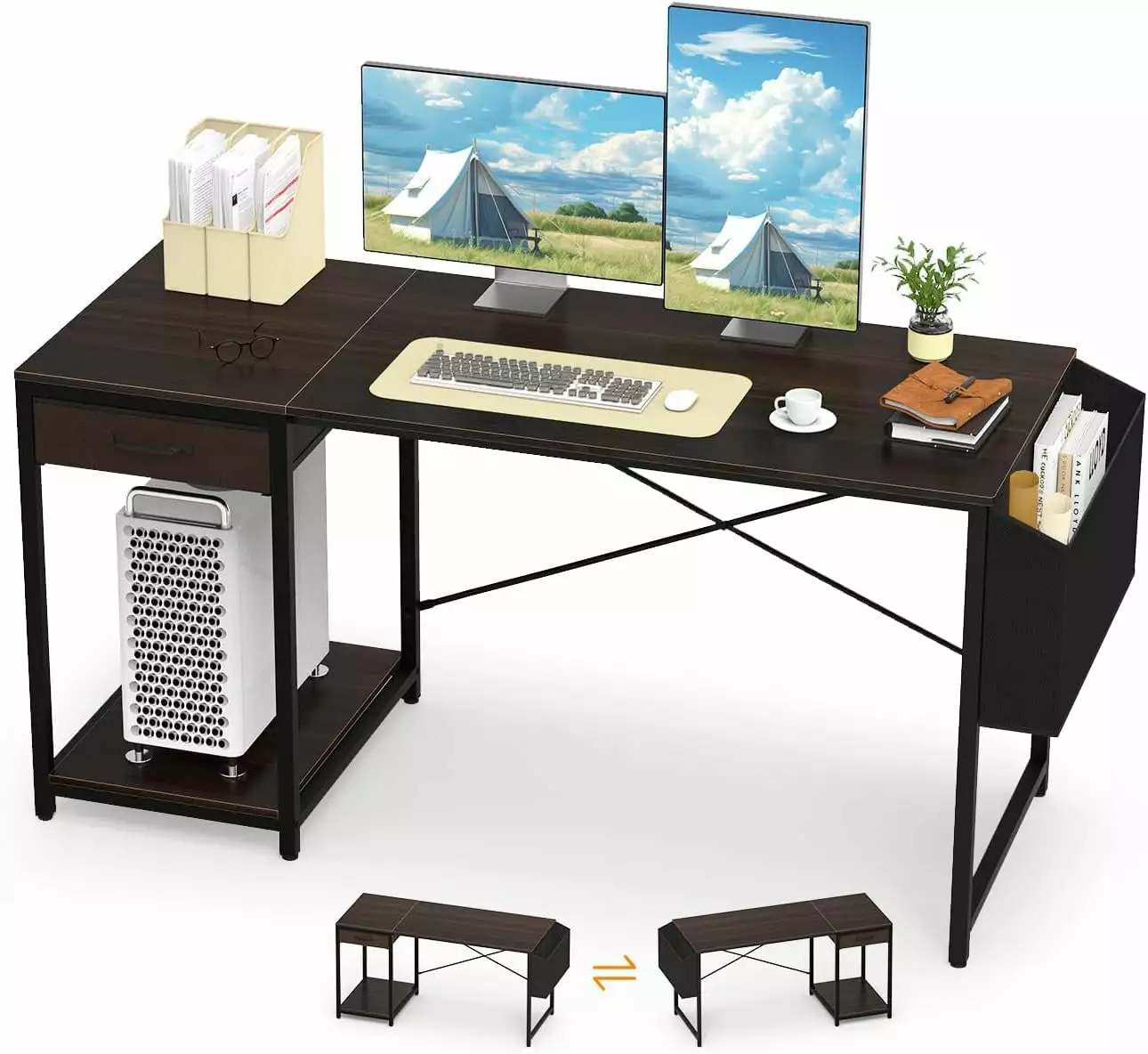 55 Inch Computer Desk Drawer Storage Modern Work PC Student Writing Gaming Study Table Side Bag CPU Stand Black Walnut WRP