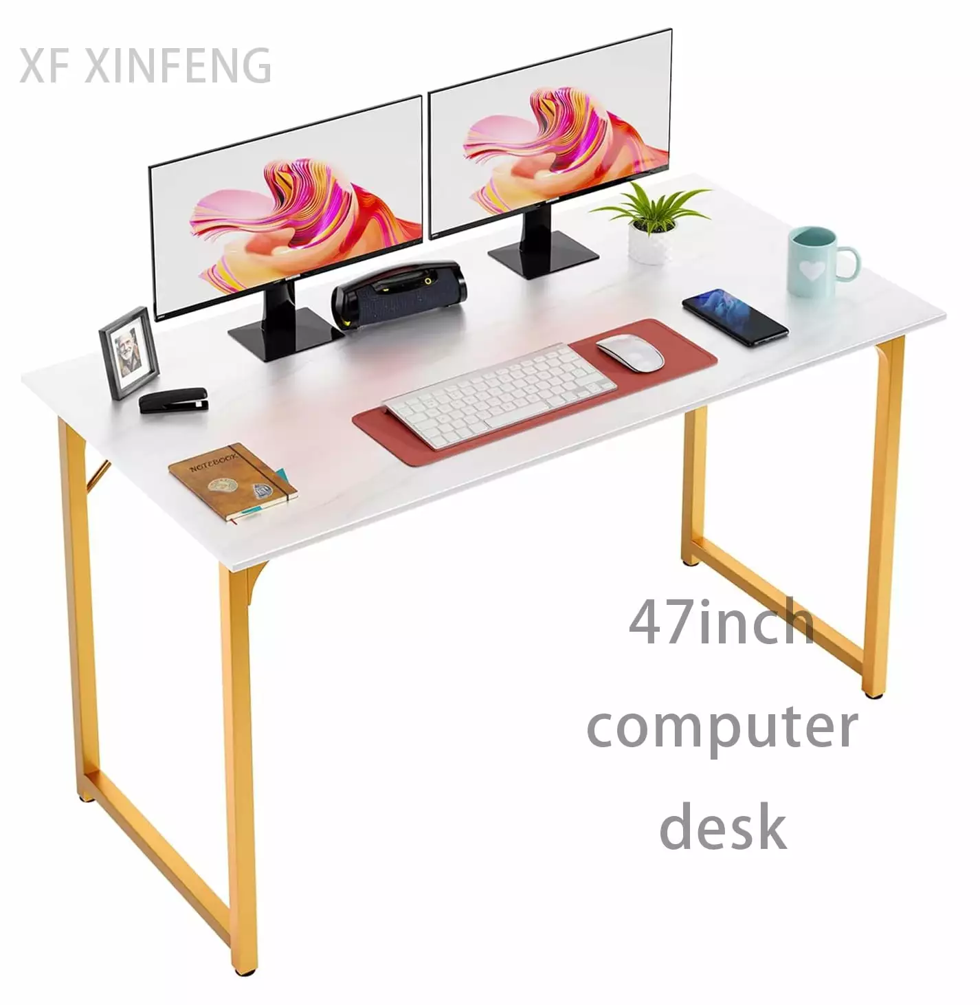 XF XINFENG 47-Inch Modern Writing Computer Desk - Industrial Office Study Table White and Gold