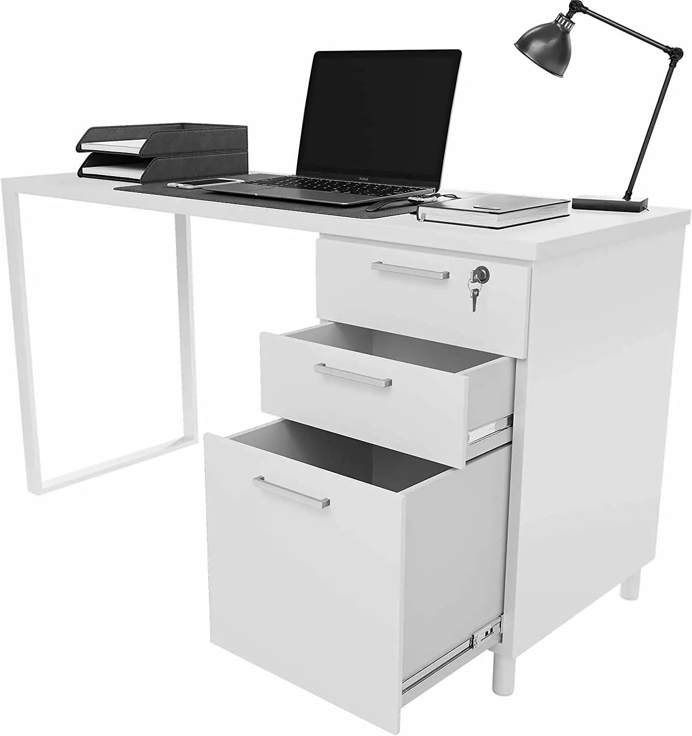 Milano 47 Inch White Home Office Desk Drawers and Computer Cabinet YAQININ