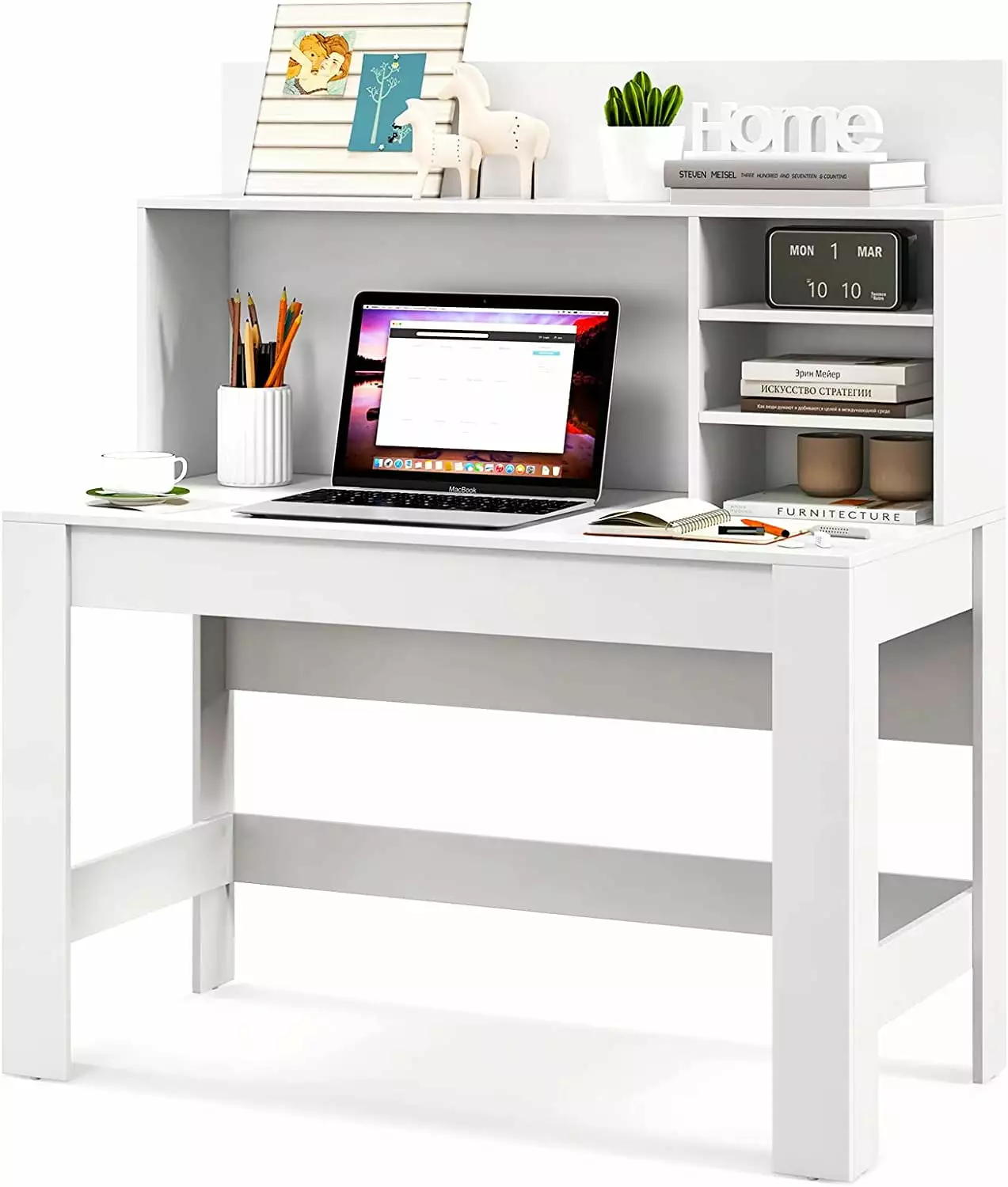 YAQININ White Desk Hutch Modern Home Office Desk Bookshelf and Anti-Toppling Device