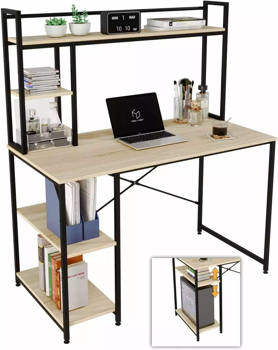 47 Inch Computer Desk Hutch and Shelves Adjustable Storage Bookshelf Home Office Study Workstation Small Space Oak YoJoFHM