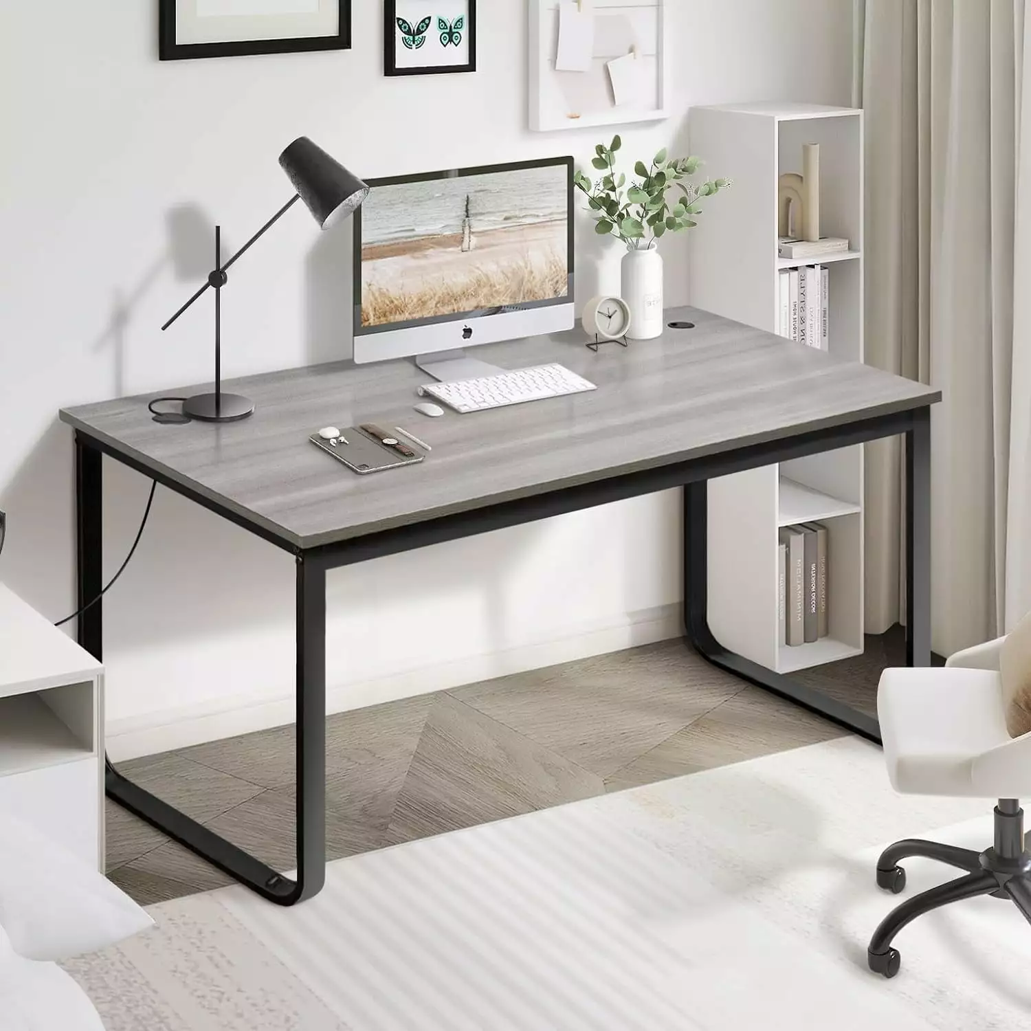 55 Inch Modern Simple Style Computer Desk Home Office Desk MDF Board Black Metal Frame Oak Grey YoJoFHM