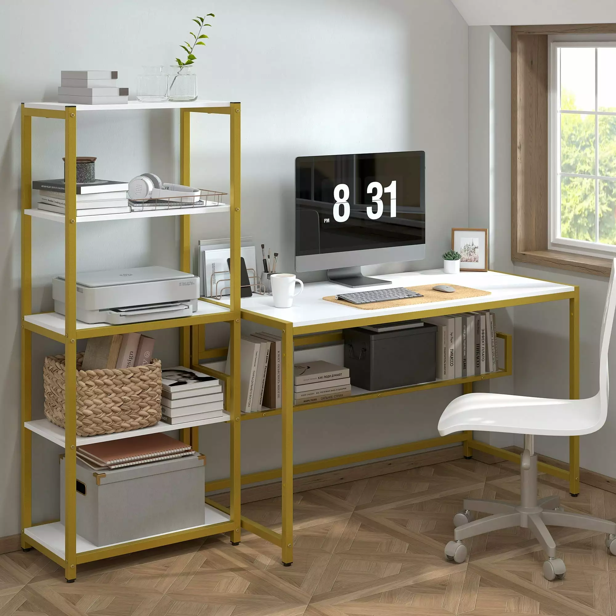 Yoneston 47 Inch Computer Desk Removable 5 Tier Storage Shelves Bookcase Home Office Corner Space Saving White and Gold