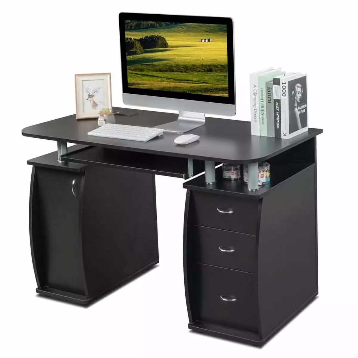 FCH Black PB Wood 15mm Portable Computer Desk 1 Door and 3 Drawers YTTX