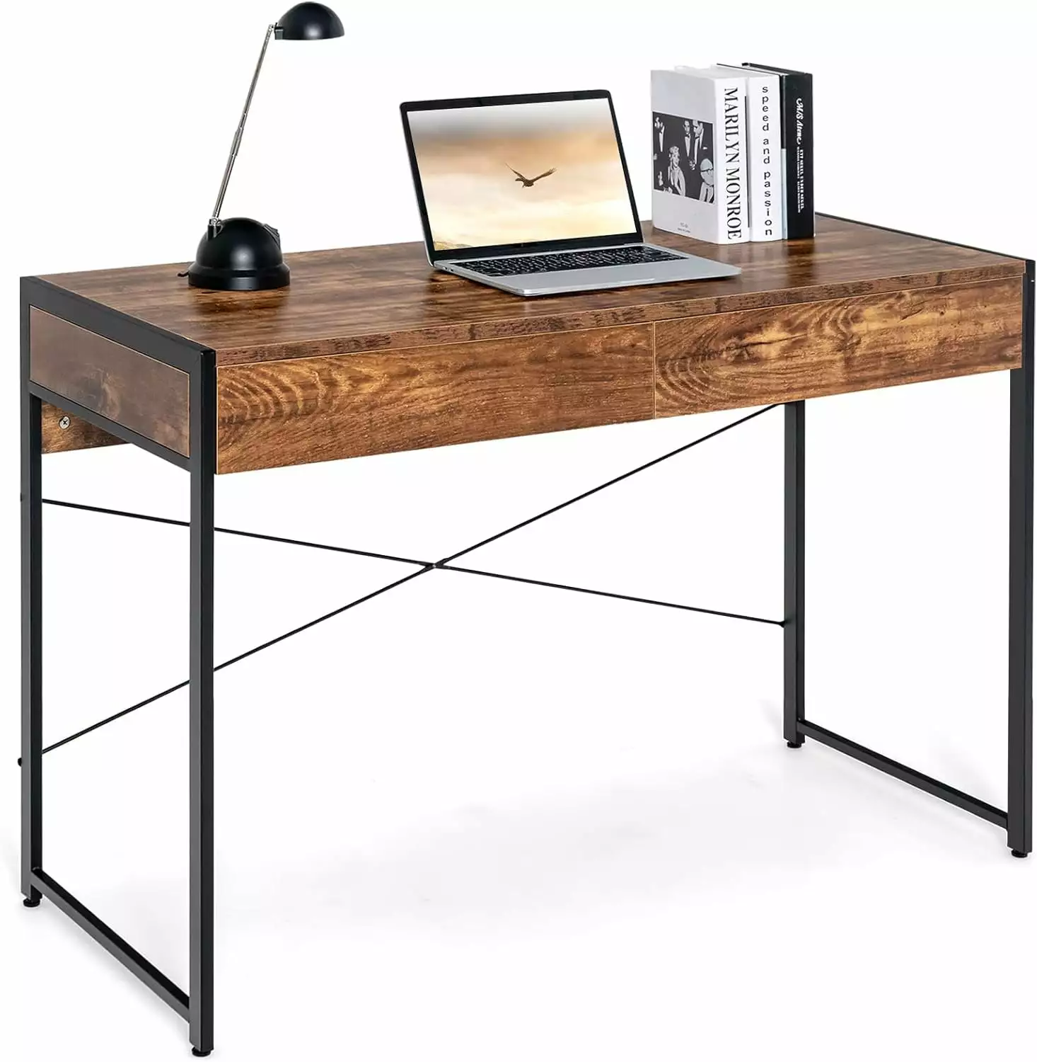 Computer Desk 2 Drawers 44 Inch Study Writing Table Heavy-Duty Steel Frame Home Office Coffee ZHJG