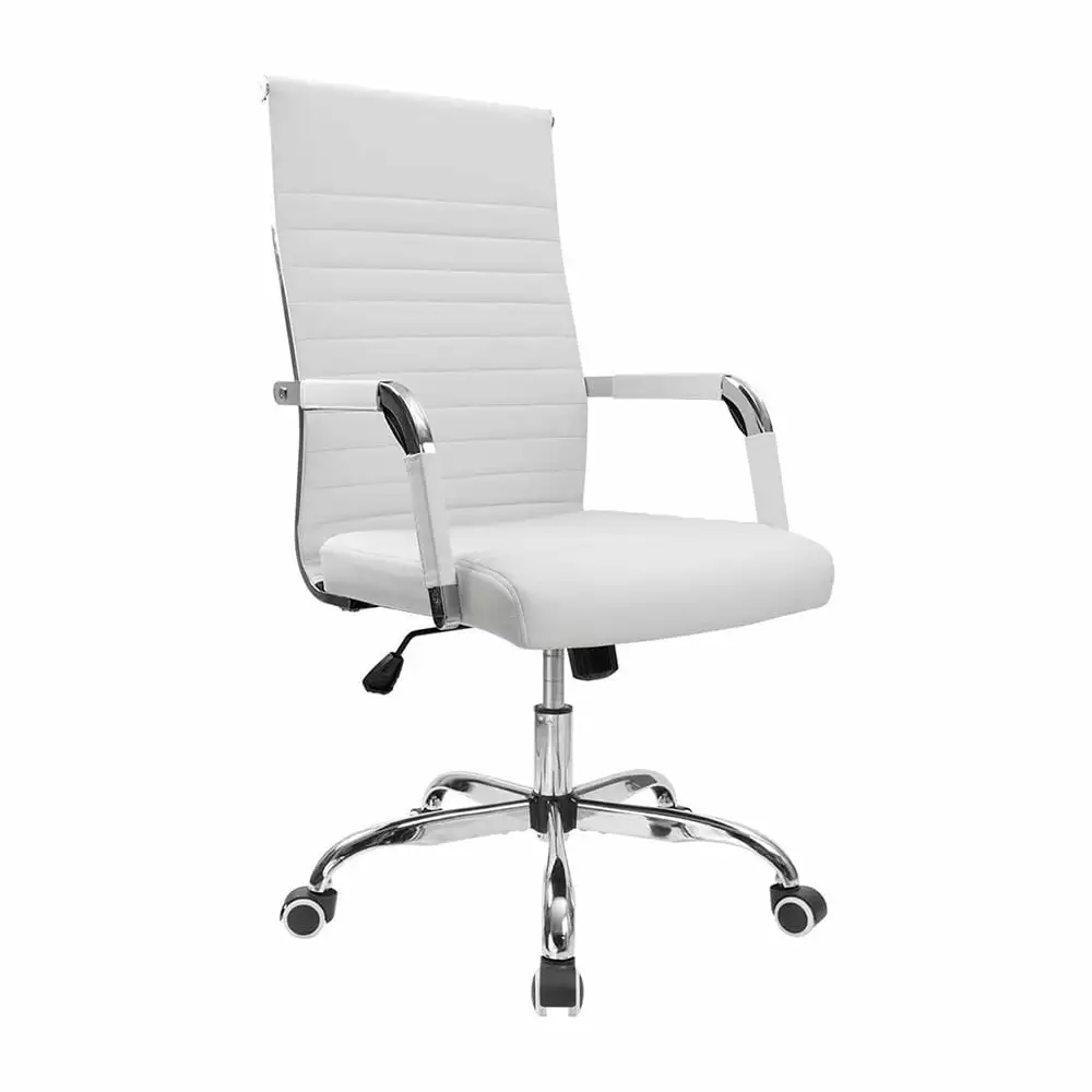 White Ribbed Leather Mid-Back Office Chair Adjustable Swivel and Arms Unbrand