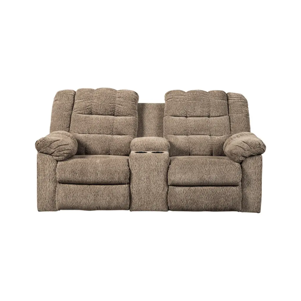 Benjara Tufted Polyester Upholstered Metal Reclining Loveseat Console Brown