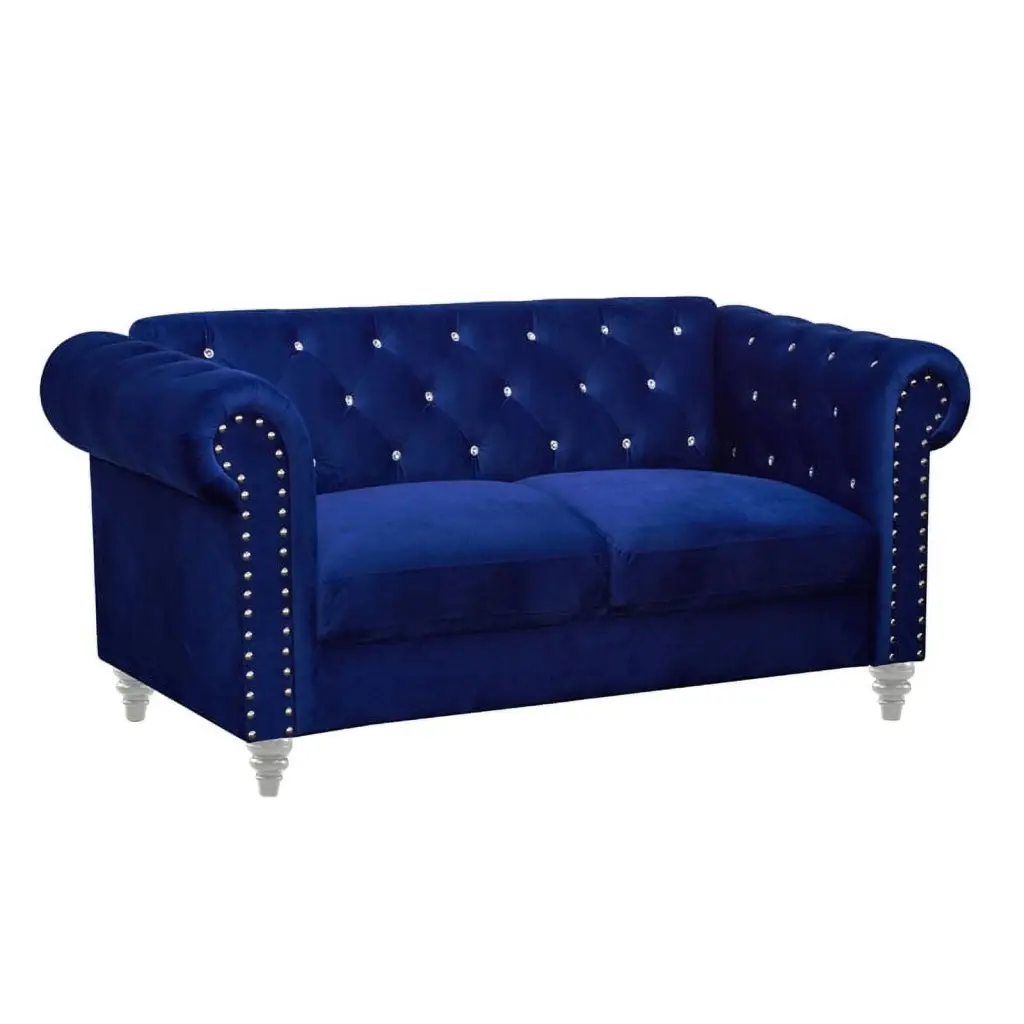 Benzara Ben 62 Contemporary Fabric Wood Loveseat Crystal Tufted Back Blue